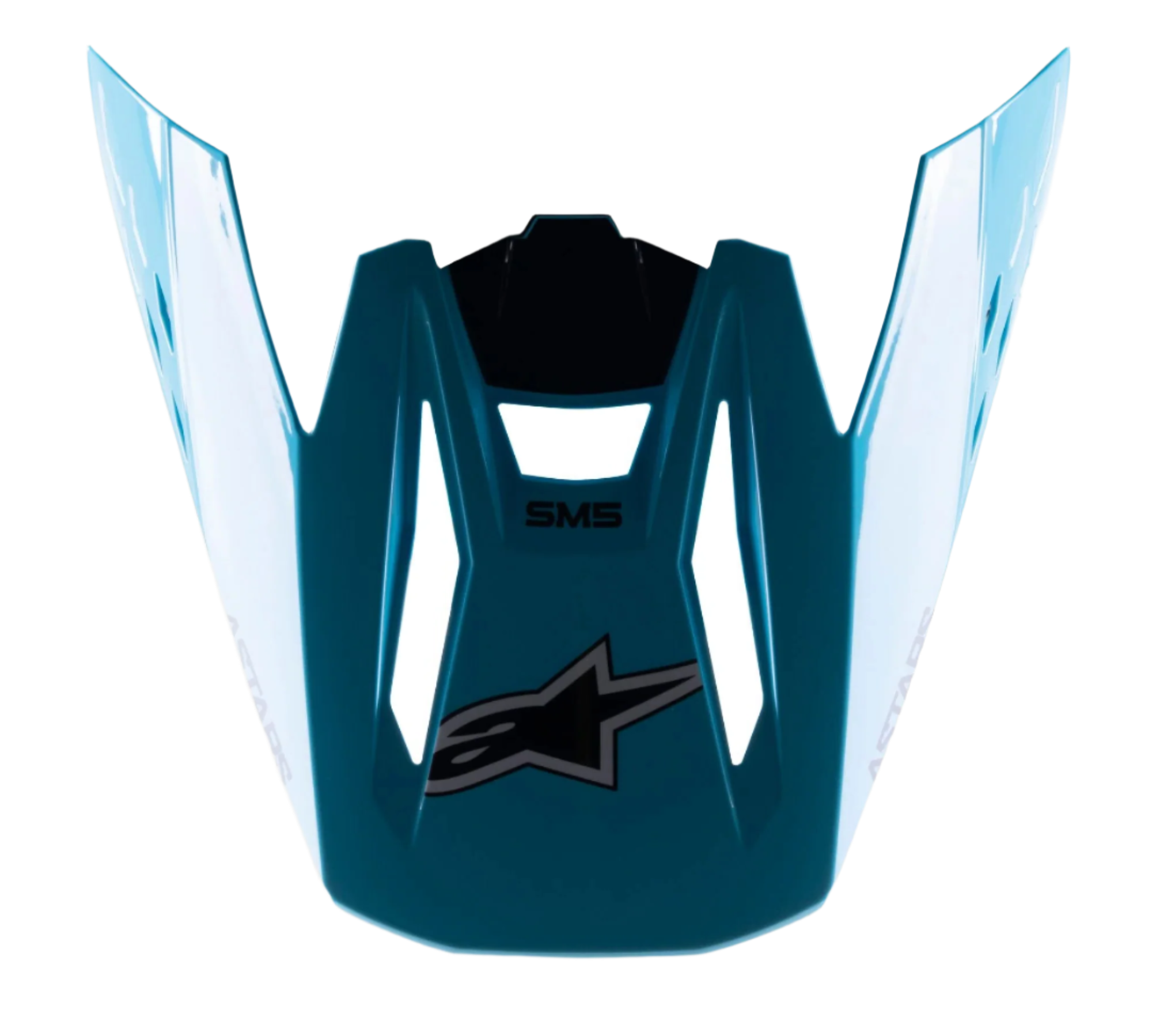 Visière de casque Alpinestars S-M5 Speed, accessoire de casque de motocross, bleu clair et noir brillant, avec logo étoile Alpinestars noir et marquage SM5, design aérodynamique avec finition brillante, visière de rechange en plastique durable pour les courses tout-terrain