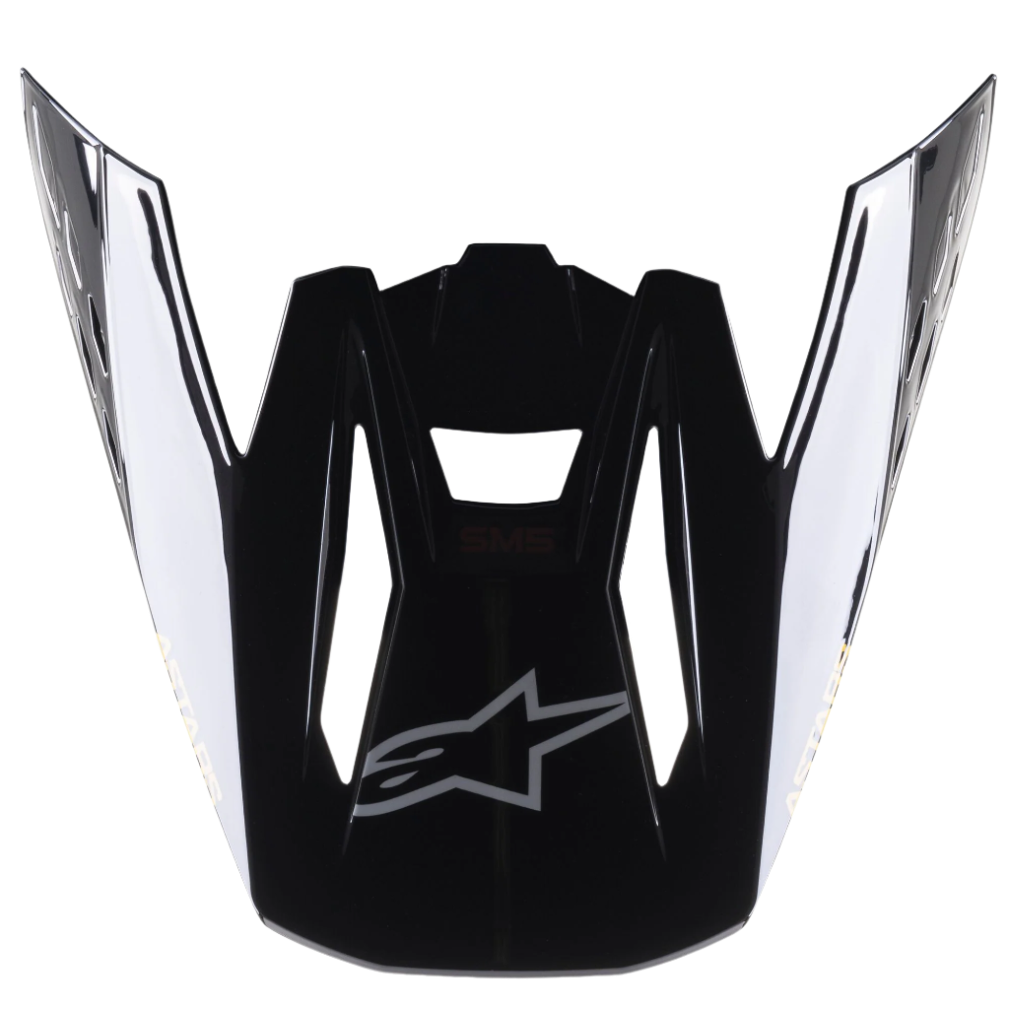 Visière de casque Alpinestars S-M5 Venture, accessoire de casque de motocross, noir brillant, visière de remplacement avec logo Alpinestars argenté à l'avant et marquage blanc sur les côtés, plastique durable avec finition brillante pour le tout-terrain.