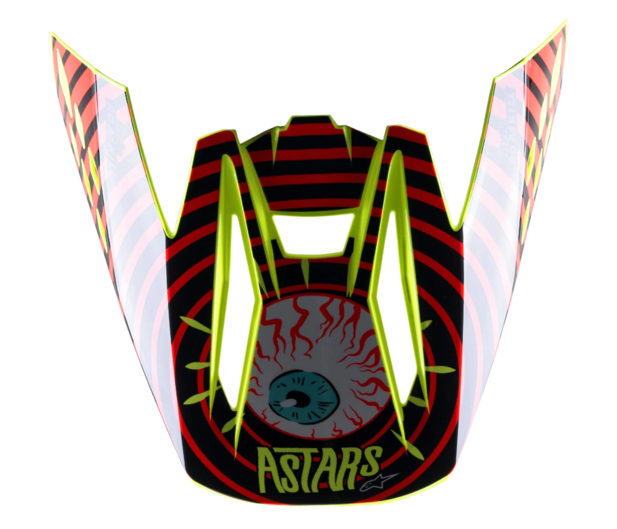 Visière Alpinestars S-M5 Solar Flare, visière de remplacement pour casque de motocross, noir, rouge et jaune fluo, avec un graphisme d'œil injecté de sang, logo ASTARS et bordure jaune fluo éclatante.