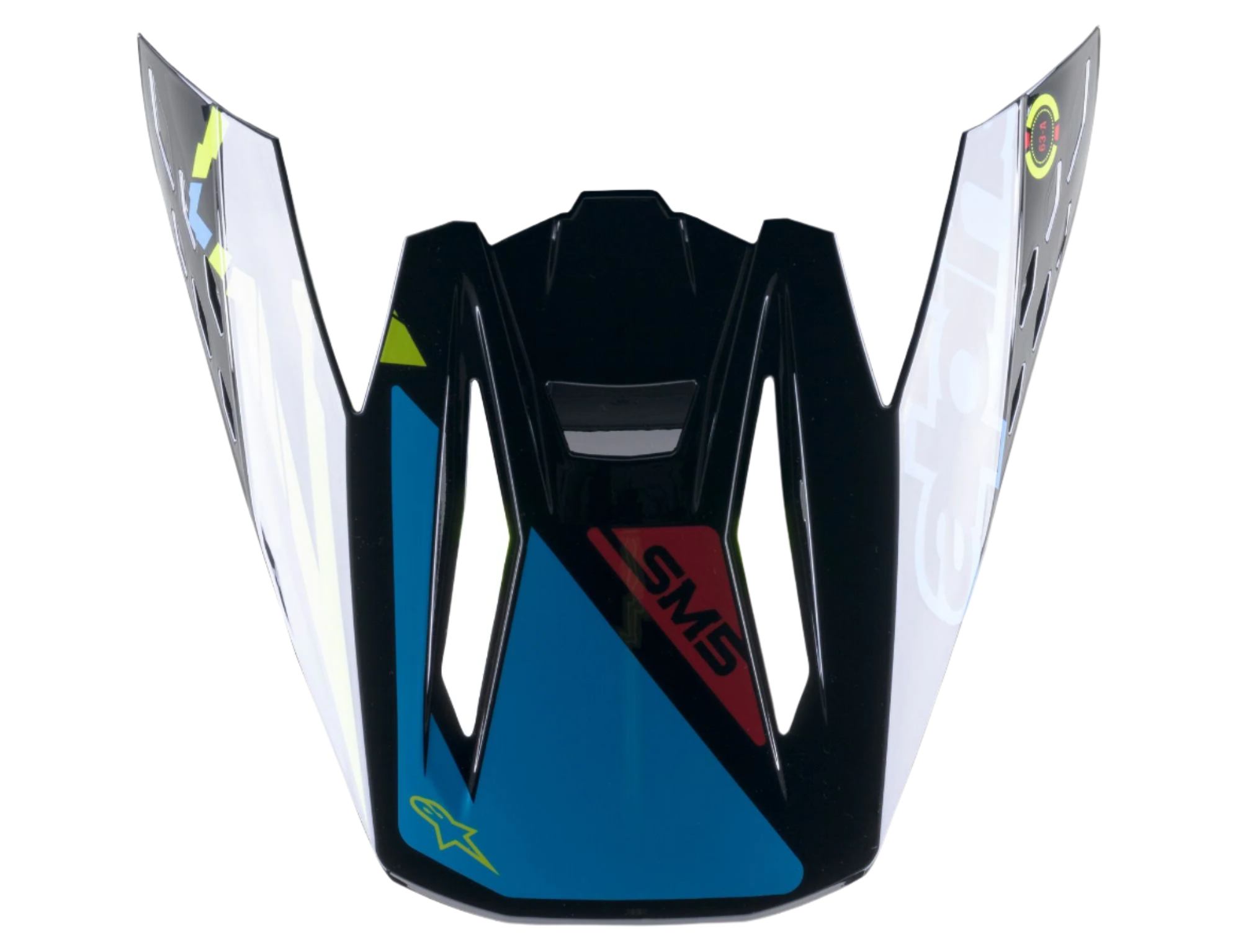 Visière Alpinestars S-M5 Action, pièce de rechange pour casque de motocross, noir, cyan et jaune fluo brillant, avec marquage SM5 et logo étoile, visière à encliqueter pour la conduite tout-terrain