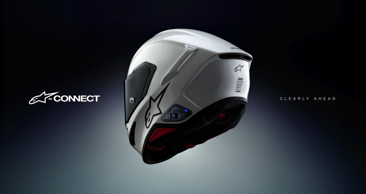 Alpinestars A-Connect Communication System installed on the S-R7 motorcycle helmet, White and Black, featuring Mesh 3.0 and Bluetooth 5.3 technology with an integrated control unit