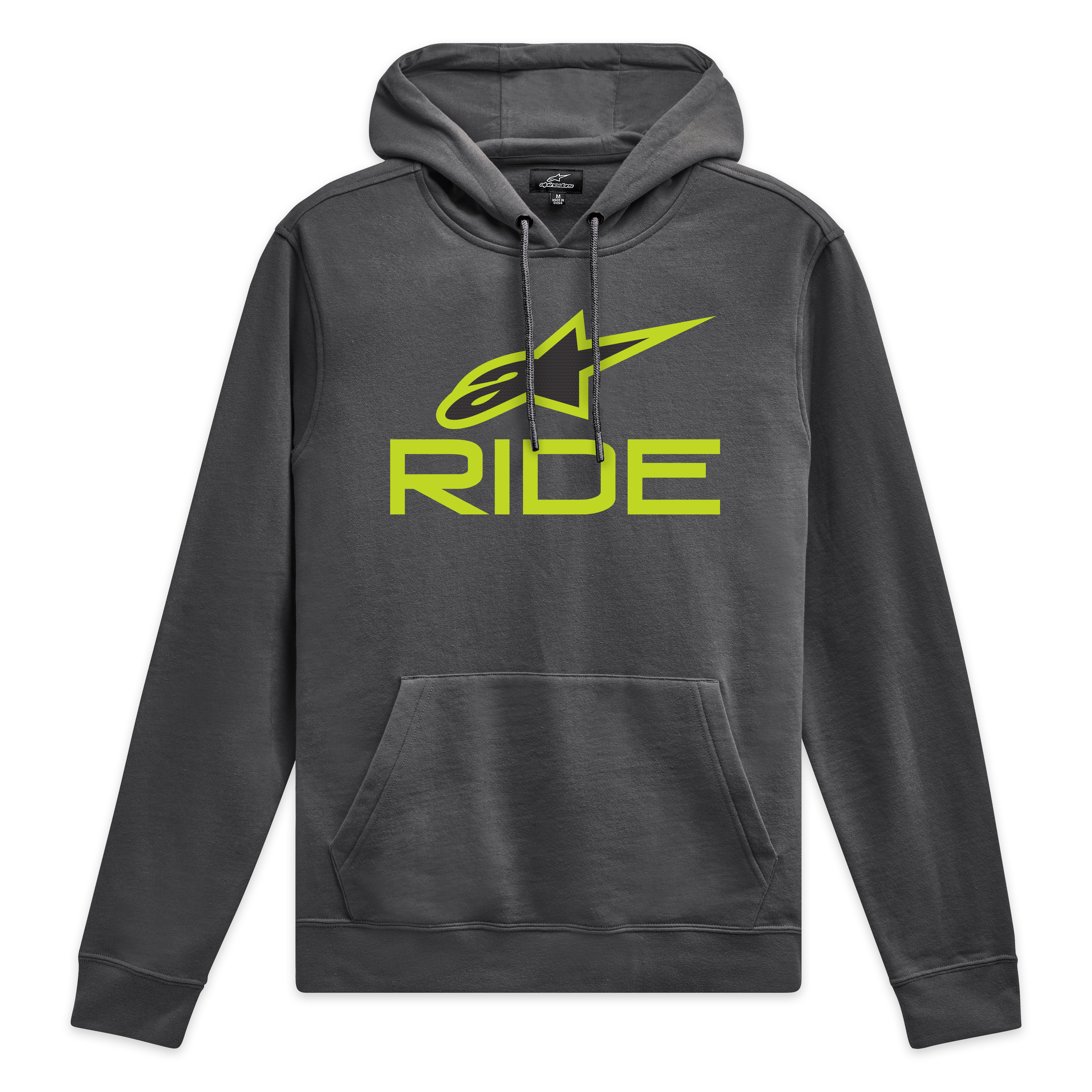Alpinestars Sweat À Capuche Ride V 3, sweat à capuche polaire gris anthracite avec logo Ride vert citron sur la poitrine et cordon de serrage assorti, style sportswear