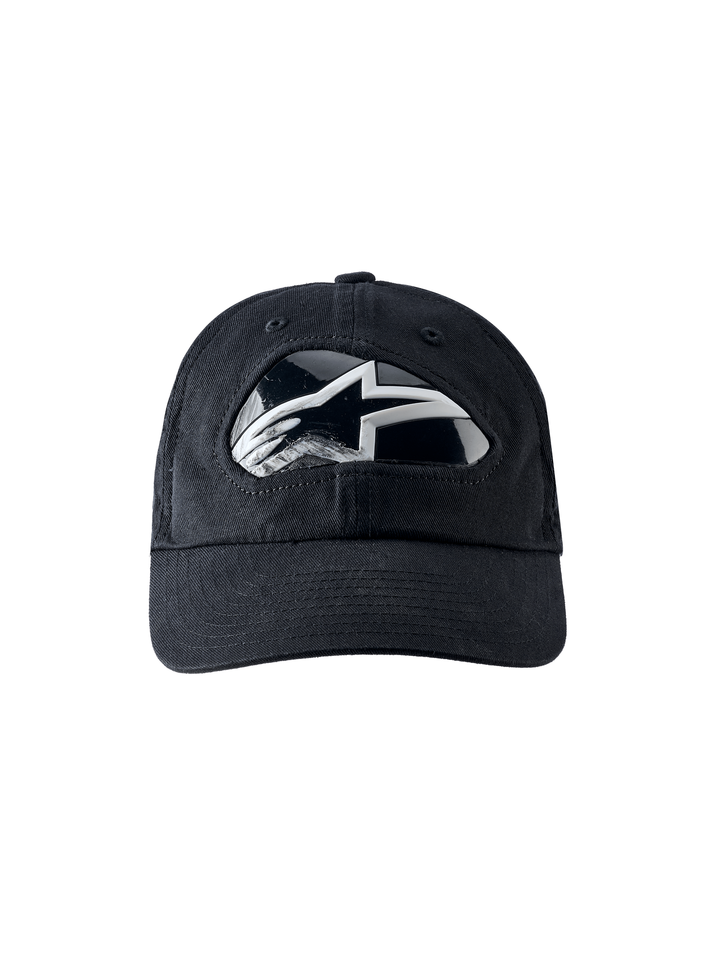 Alpinestars RSRV Shield Cap, casquette de baseball noire avec logo brillant argenté et blanc, visière courbée, coutures visibles, design moderne et élégant