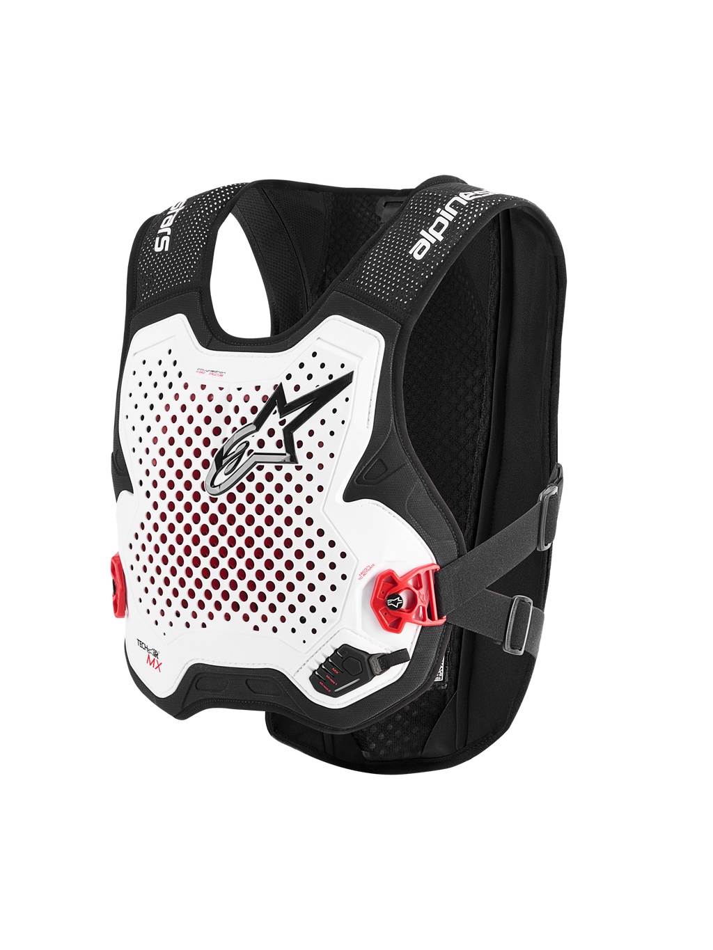 Alpinestars Tech-Air® MX System, Autonomous Off-Road Airbag Vest, White and Black, perforated white chest plate with black logo, red side buckles, black stretch mesh chassis, advanced motocross and supercross protection