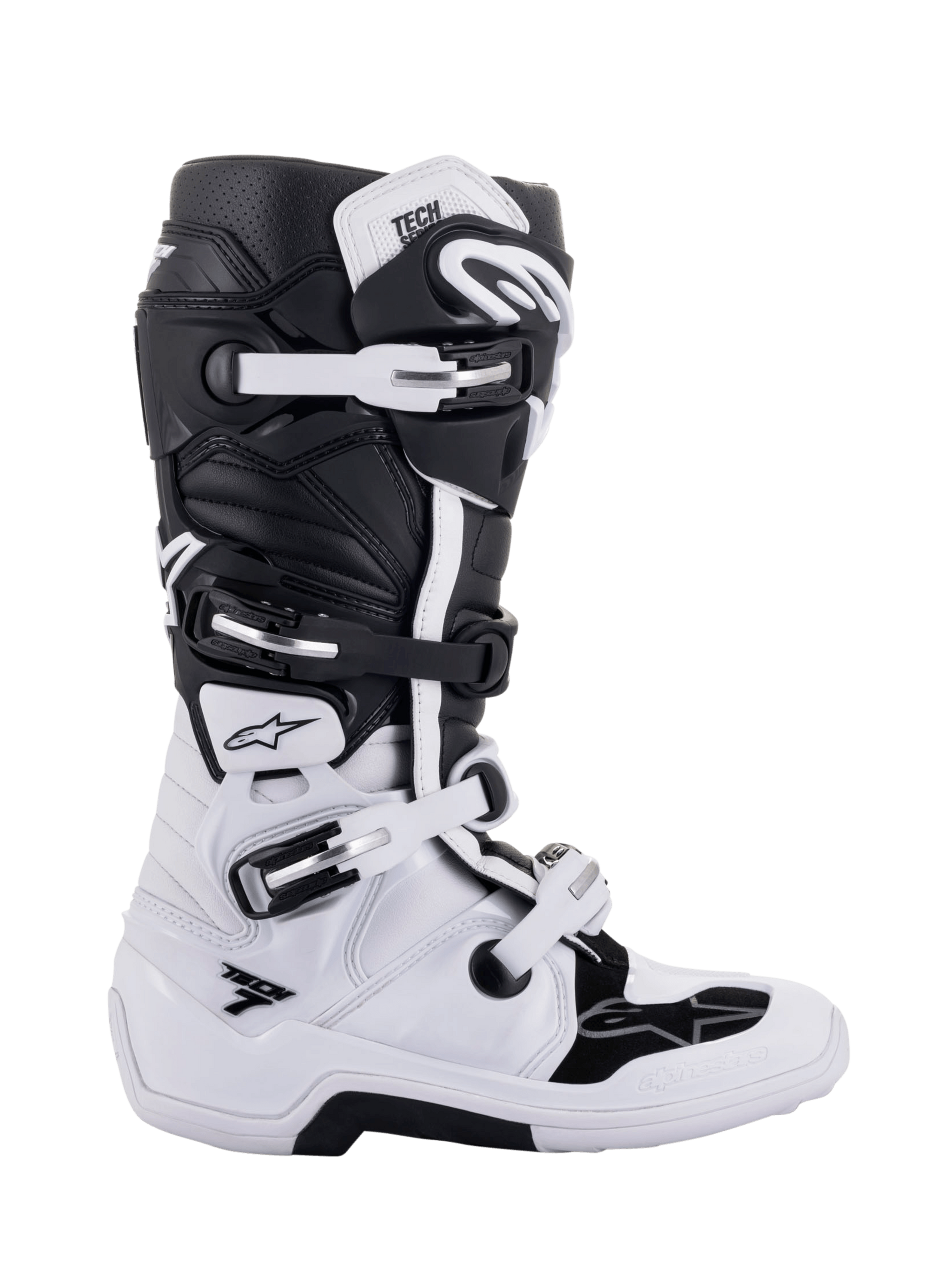 Alpinestars Tech 7 Boots, Motocross Racing Boots, Black and White, Multiple Buckle Closure System, Textured Grip Sole, Padded Perforated Upper for Ventilation, Robust Angular Design for Protection