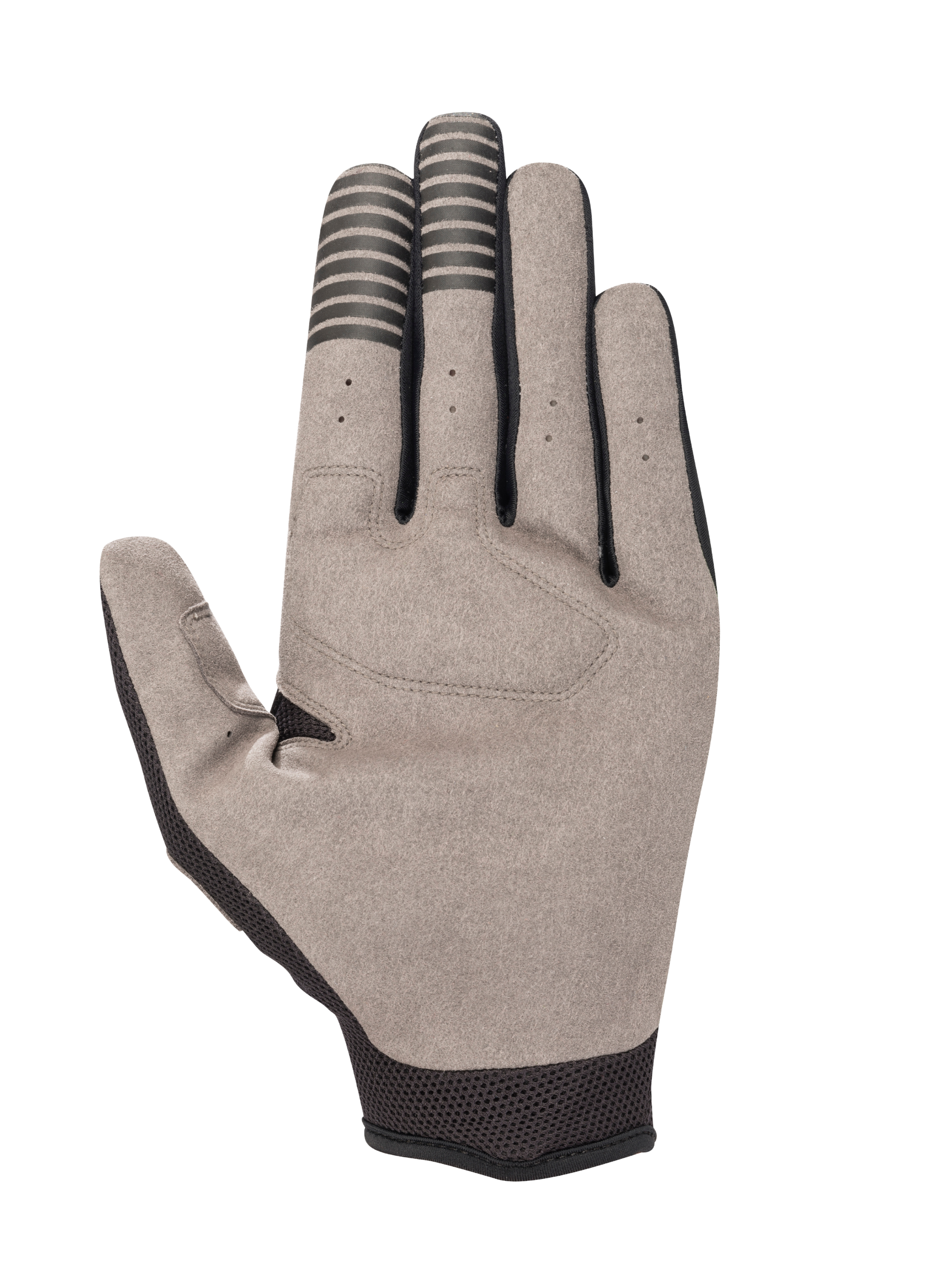 Alpinestars Engine Gloves, Palm View, Grey synthetic suede with black conductive finger stripes, black mesh cuff, mechanics and karting glove detail.