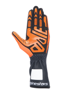 Alpinestars Tech-1 K V3 Karting Gloves, Black and Orange, palm view showing detailed silicone grip pattern, long cuff with white Alpinestars logo, ergonomic design for kart racing