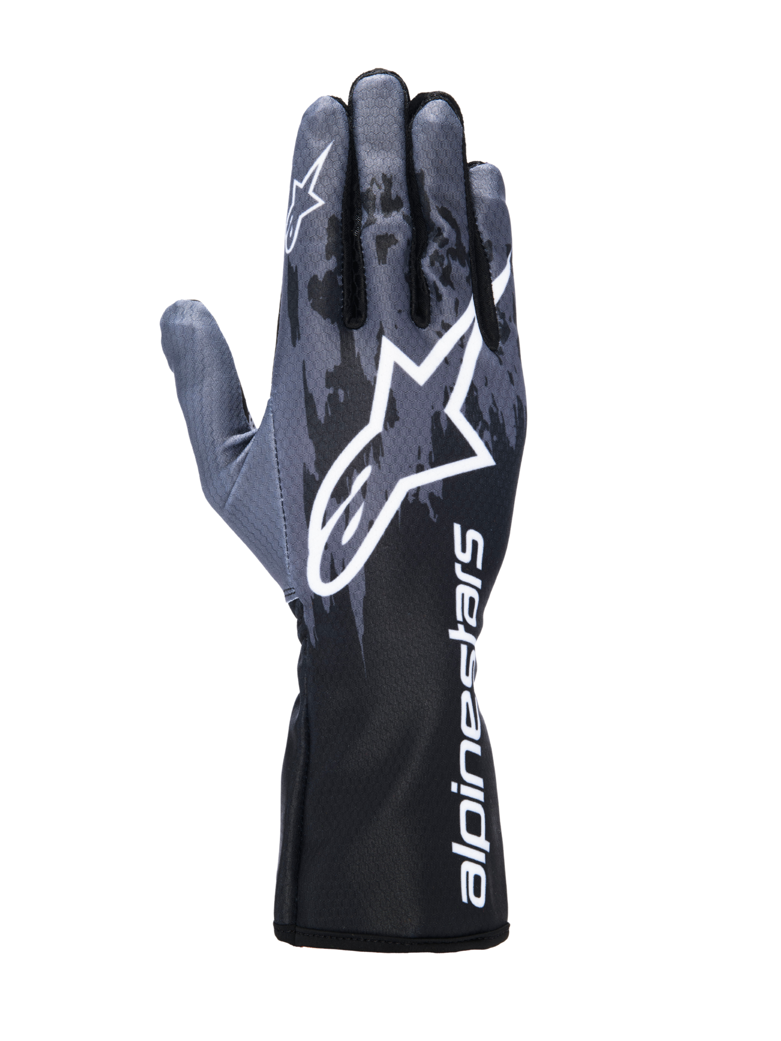 Alpinestars Tech-1 K V3 Gloves, Karting Gloves, Black Anthracite, featuring a large white Astar logo on the back of the hand, dark gray camo-style pattern, and a gauntlet cuff with vertical white Alpinestars branding