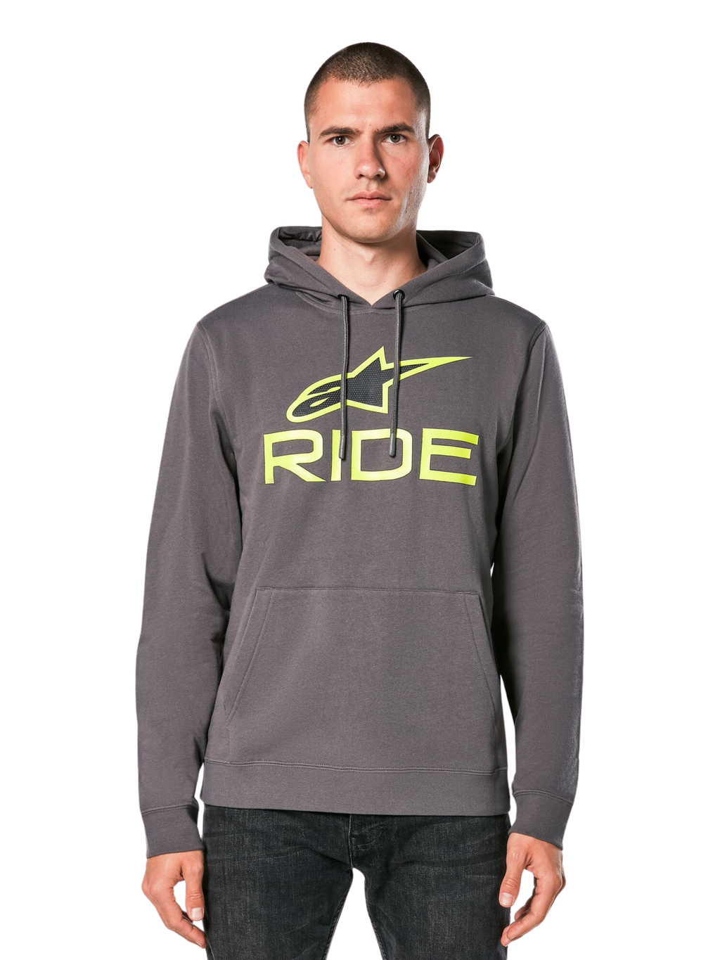 Alpinestars Ride Hoodie V 3, sweat à capuche gris anthracite avec logo RIDE vert citron, doté d'une poche kangourou frontale et d'une capuche à cordon de serrage, style streetwear décontracté inspiré du sport automobile