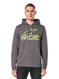 Alpinestars Ride Hoodie V 3, sweat à capuche gris anthracite avec logo RIDE vert citron, doté d'une poche kangourou frontale et d'une capuche à cordon de serrage, style streetwear décontracté inspiré du sport automobile