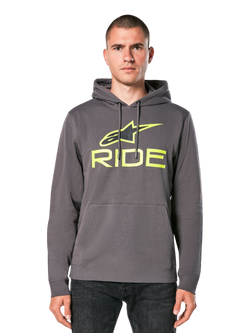 Alpinestars Ride Hoodie V 3, charcoal gray pullover hoodie with lime green RIDE logo, features a front kangaroo pocket and drawstring hood, casual motorsport-inspired streetwear