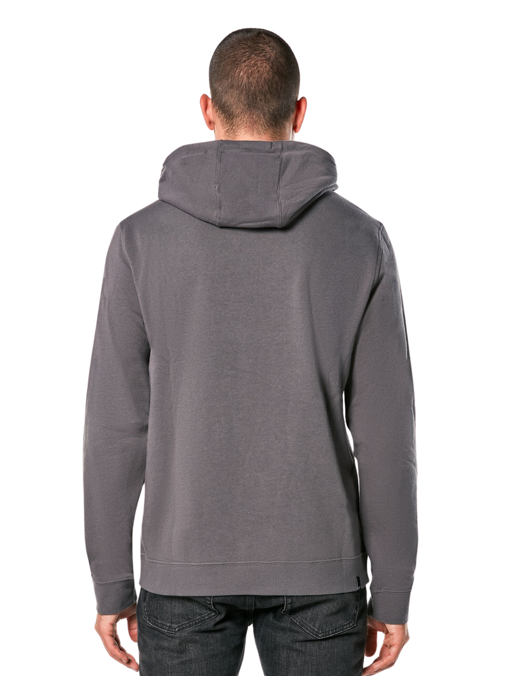Alpinestars Ride Hoodie V 3, vue de dos d'un sweat à capuche gris anthracite, vêtement de sport décontracté avec capuche, manches longues, poignets et ourlet côtelés