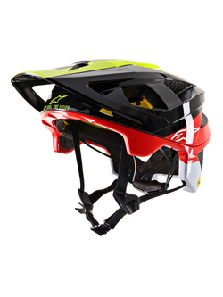 Alpinestars Vector Tech Pilot MTB Helmet CE, Mountain Bike Helmet, Black Red White and Yellow Fluo, glossy finish with multiple ventilation ports, adjustable visor, MIPS branding, sleek aerodynamic design for off-road cycling