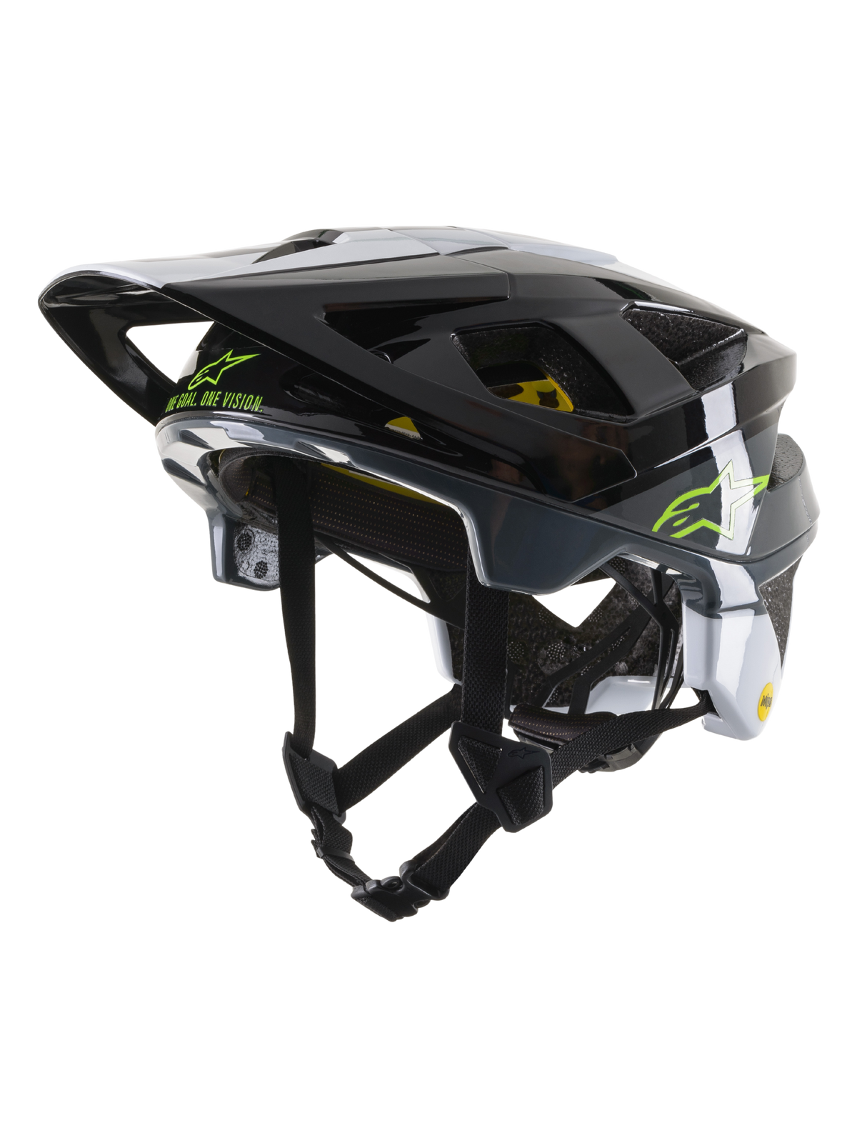 Casque Alpinestars Vector Tech Pilot CE, casque de cyclisme VTT, noir, blanc et gris froid brillant, avec logo Alpinestars vert citron et texte « One Goal. One Vision. », multiples ports de ventilation et visière réglable