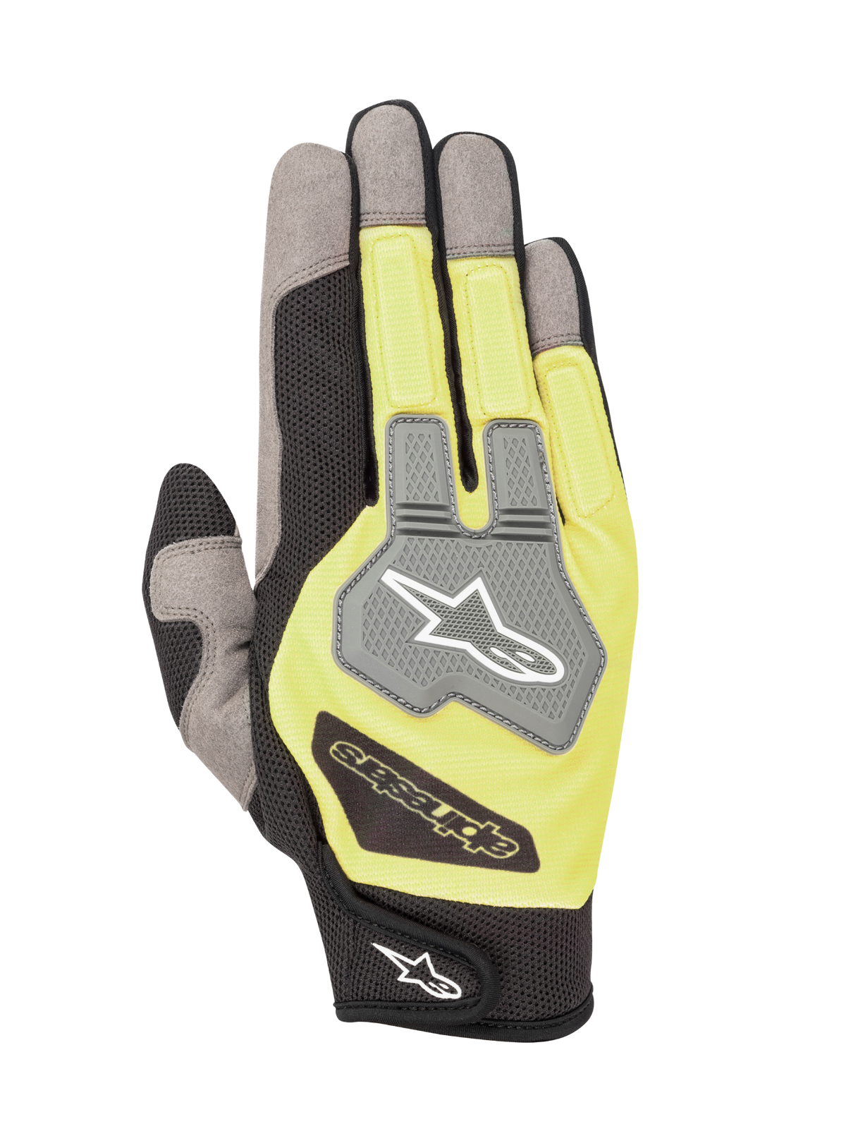 Gants Alpinestars Engine, gants de karting et de mécanique, noir et jaune fluo, vue du dos de la main avec empiècements en maille grise et protection des articulations en TPR avec logo Alpinestars, construction multi-matériaux légère et respirante