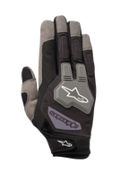 Alpinestars Engine Gloves, Mechanic Gloves, Black and Gray, featuring breathable mesh construction, gray TPR knuckle protector with white star logo, adjustable wrist strap with branding, durable multi-material design for workshop and pit work