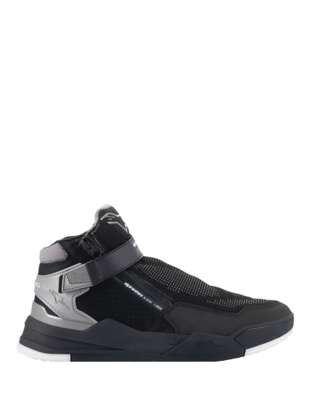 Alpinestars Speedflight Street Shoes, chaussures de moto, noir et gris métal, profil de baskets montantes avec tige en mesh texturé, fermeture éclair latérale et sangle à la cheville, semelle noire épaisse avec détails blancs, style urbain