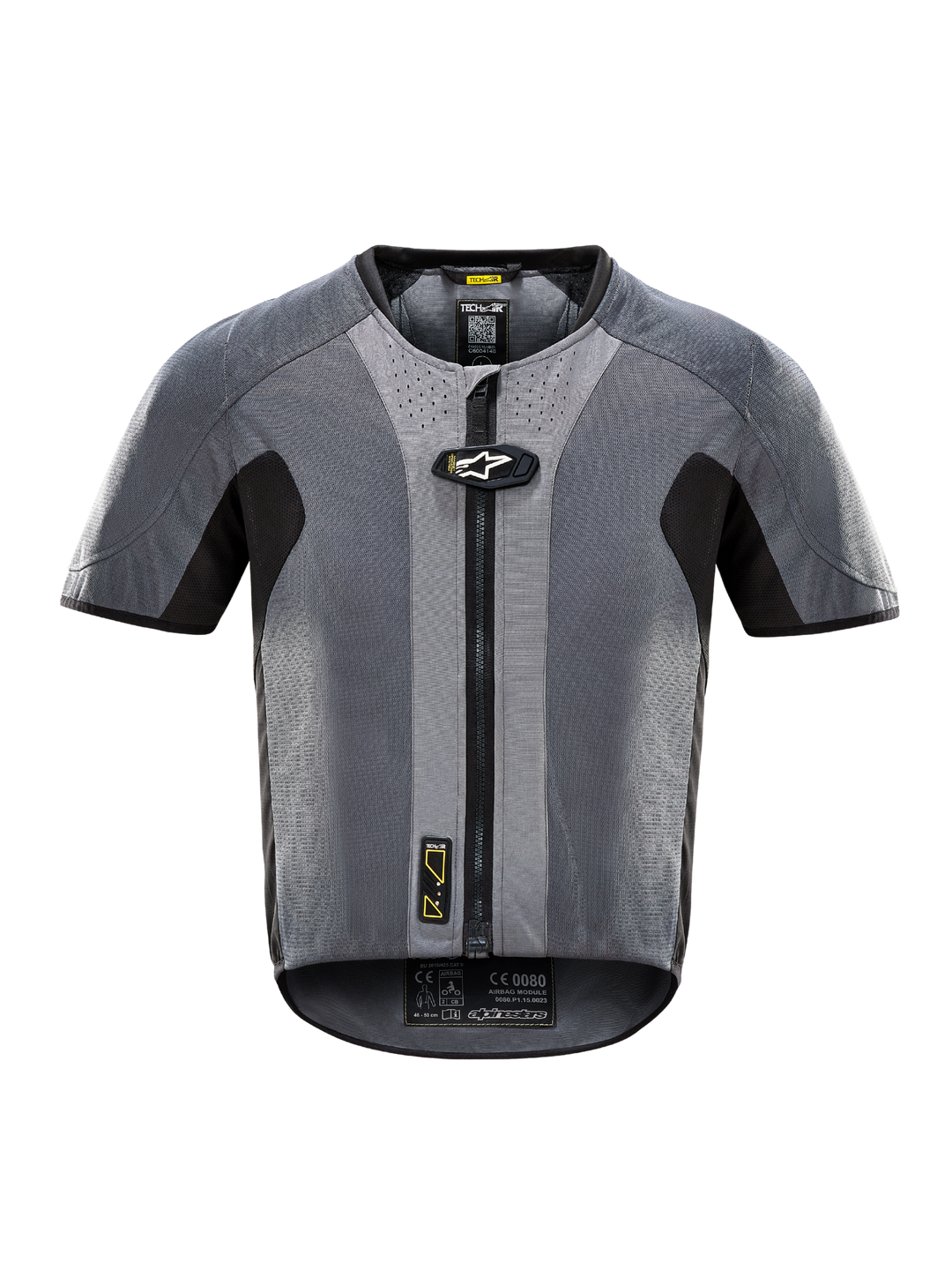 Alpinestars Tech-Air® 5 System, gilet airbag électronique pour moto, gris et noir, manches courtes, fermeture éclair frontale, design aérodynamique avec zones texturées respirantes, protection renforcée aux épaules