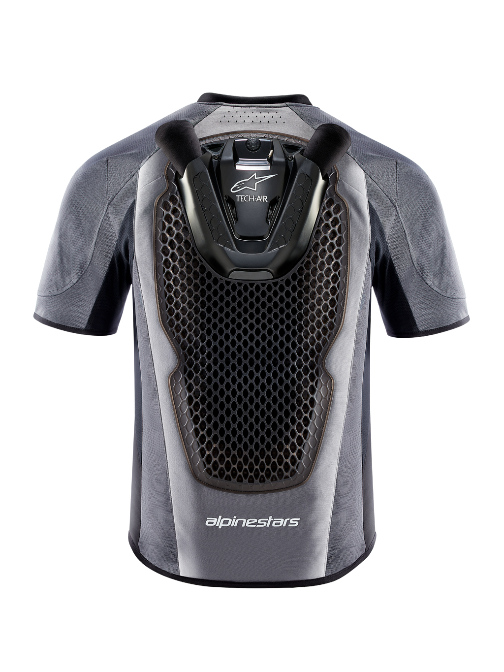 Système Airbag Tech-Air 5, gilet airbag de moto, vue arrière gris et noir avec Protection Dorsale en nid d'abeille.