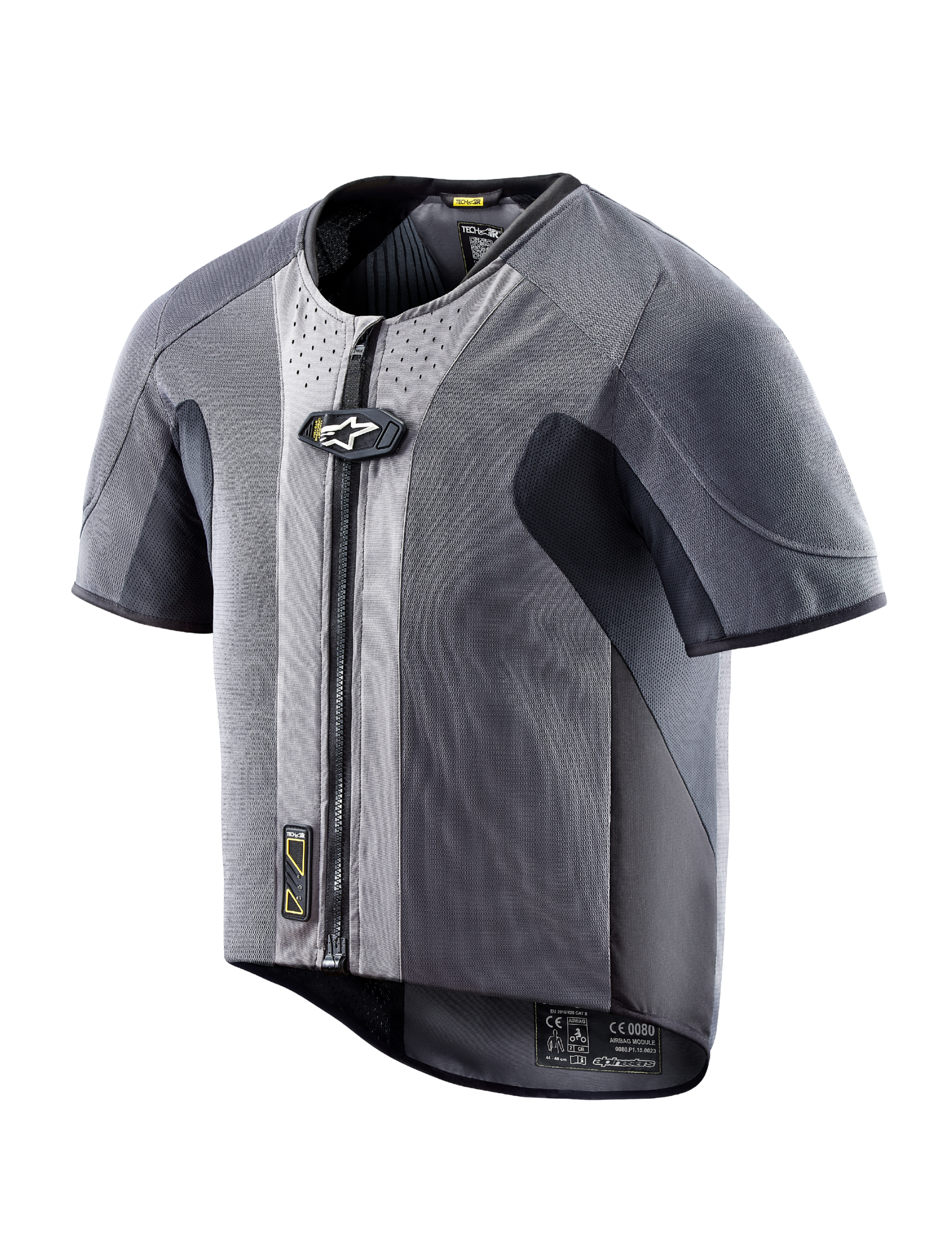Gilet airbag Alpinestars Tech-Air 5, mesh gris foncé à manches courtes et zip frontal, protection autonome sur route.