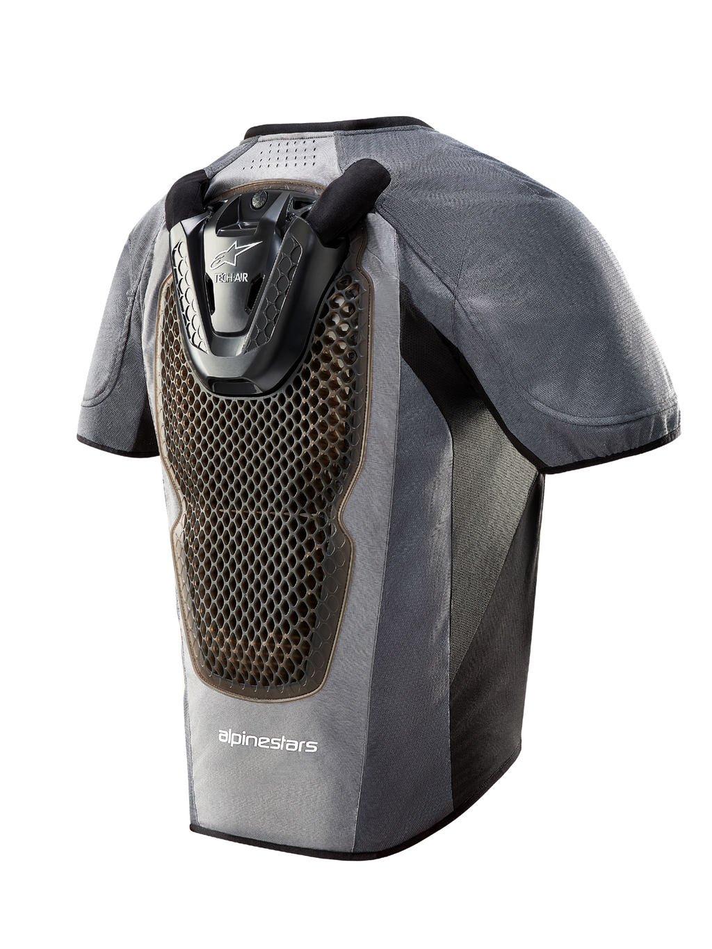 Gilet airbag Tech-Air 5 gris et noir, vue arrière avec protection dorsale à texture en nid d'abeille.