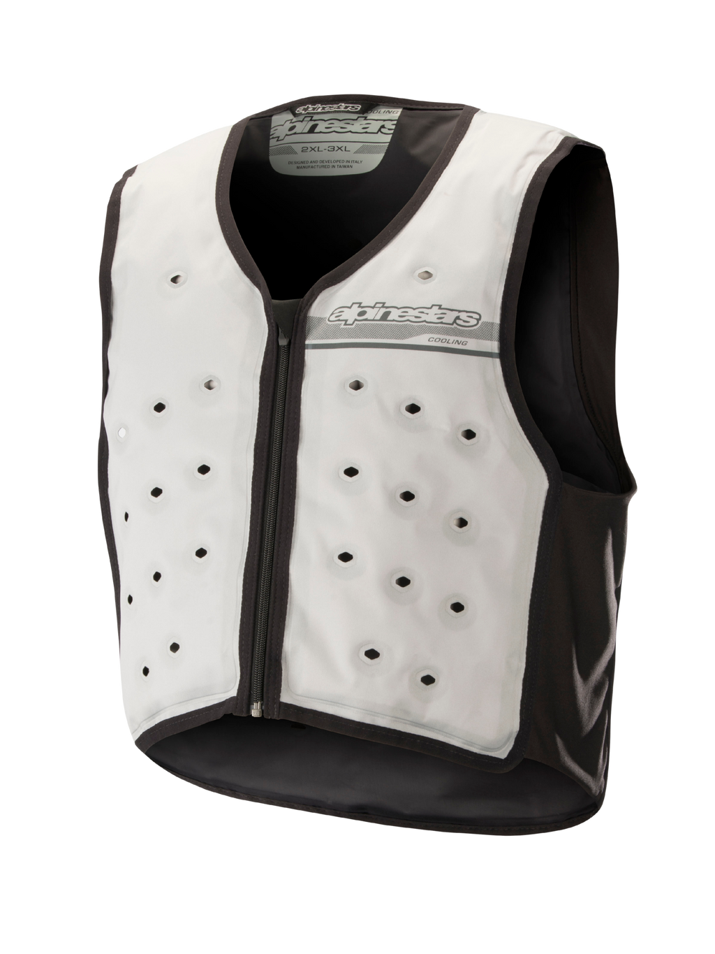 Alpinestars Cooling Vest, gilet rafraîchissant sans manches pour moto, gris clair et gris foncé, avec ouvertures de ventilation circulaires, fermeture éclair frontale et construction textile évacuant l'humidité pour temps chaud