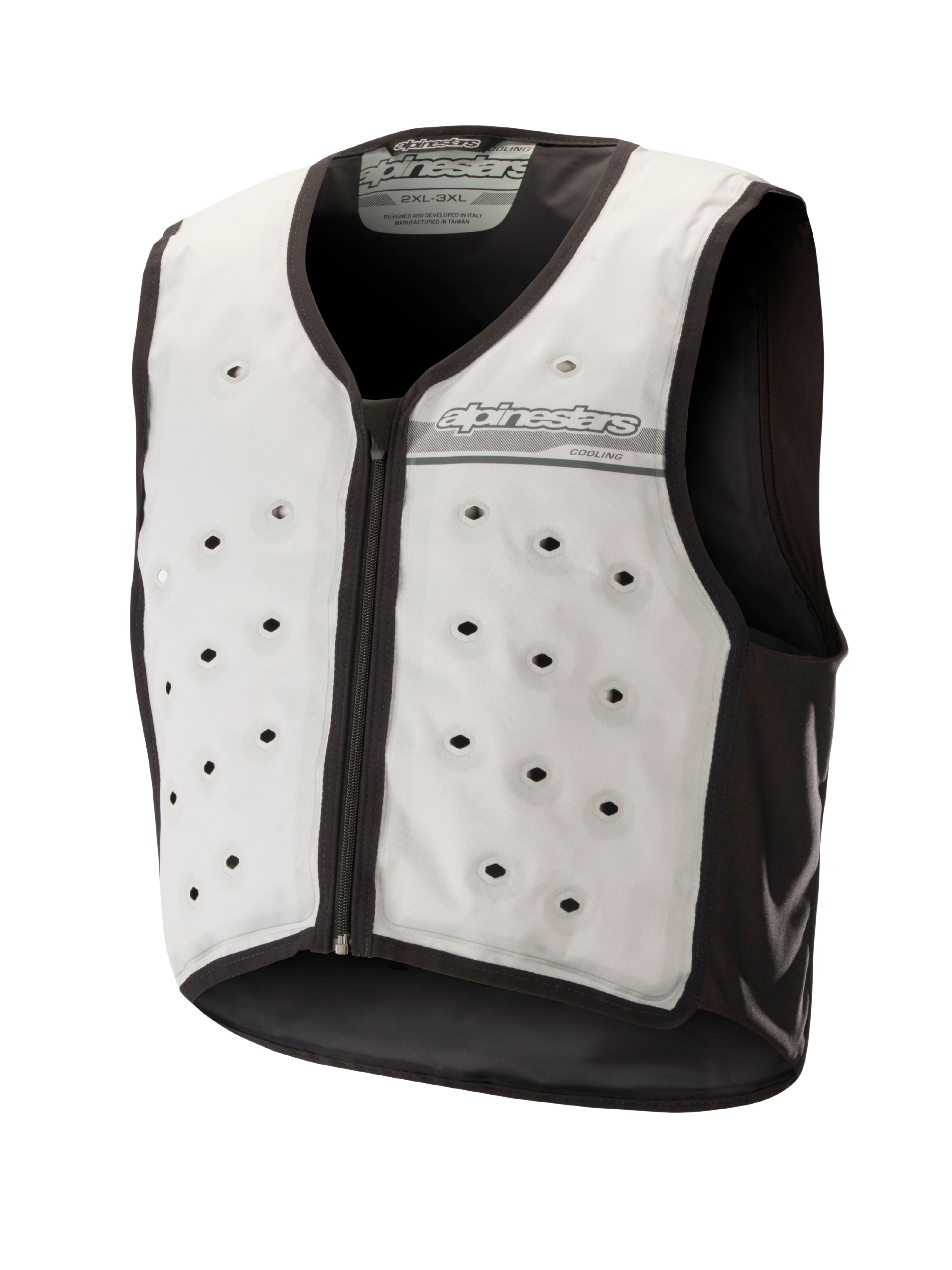 Alpinestars Cooling Vest, gilet rafraîchissant sans manches pour moto, gris clair et gris foncé, avec ouvertures de ventilation circulaires, fermeture éclair frontale et construction textile évacuant l'humidité pour temps chaud