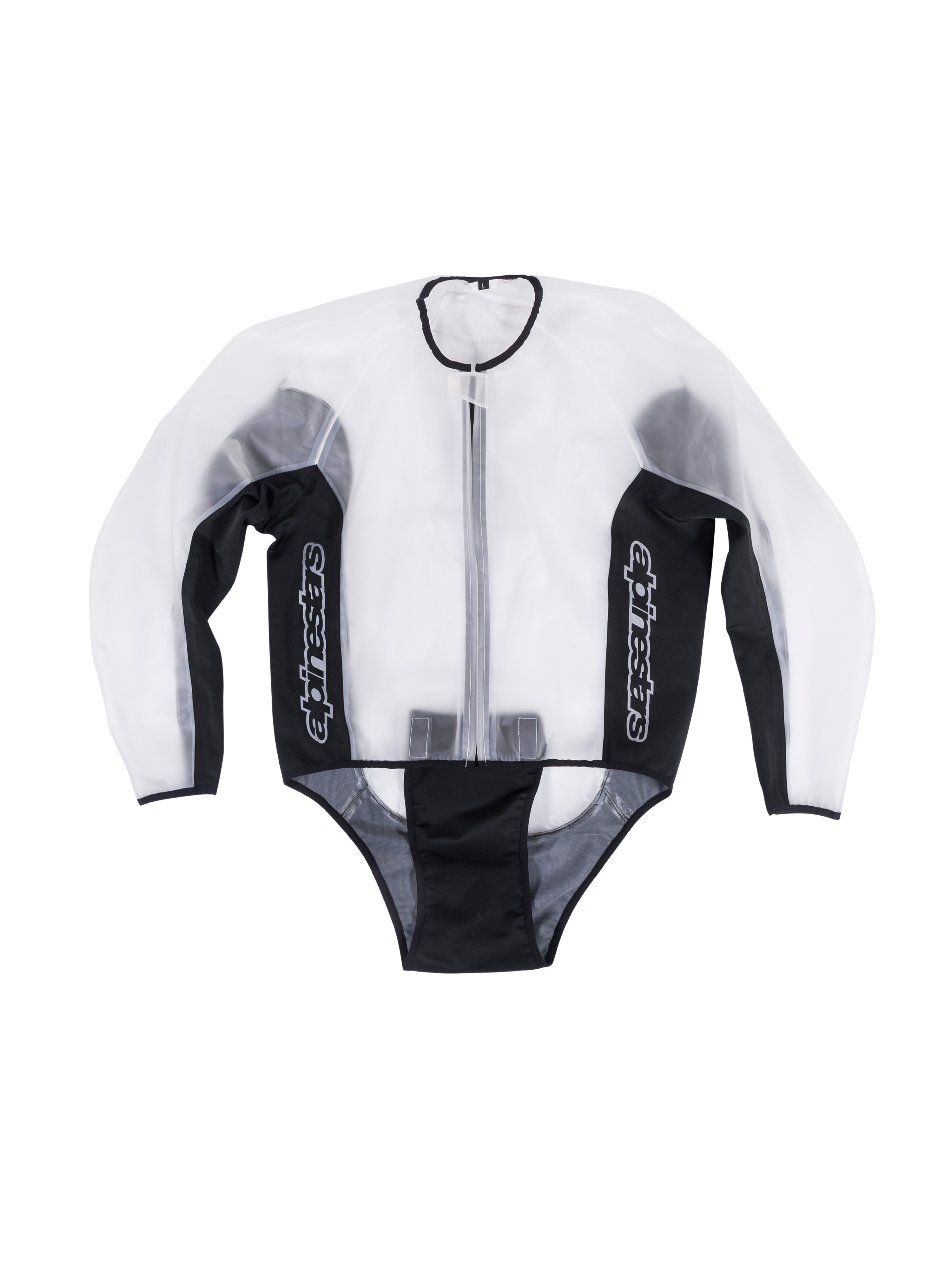Alpinestars Racing Rain Jacket, veste de moto imperméable et transparente, noir et transparent, logos blancs verticaux sur les panneaux latéraux, fermeture éclair frontale, design pré-courbé pour s'ajuster sur les combinaisons en cuir, équipement de piste fonctionnel pour temps humide