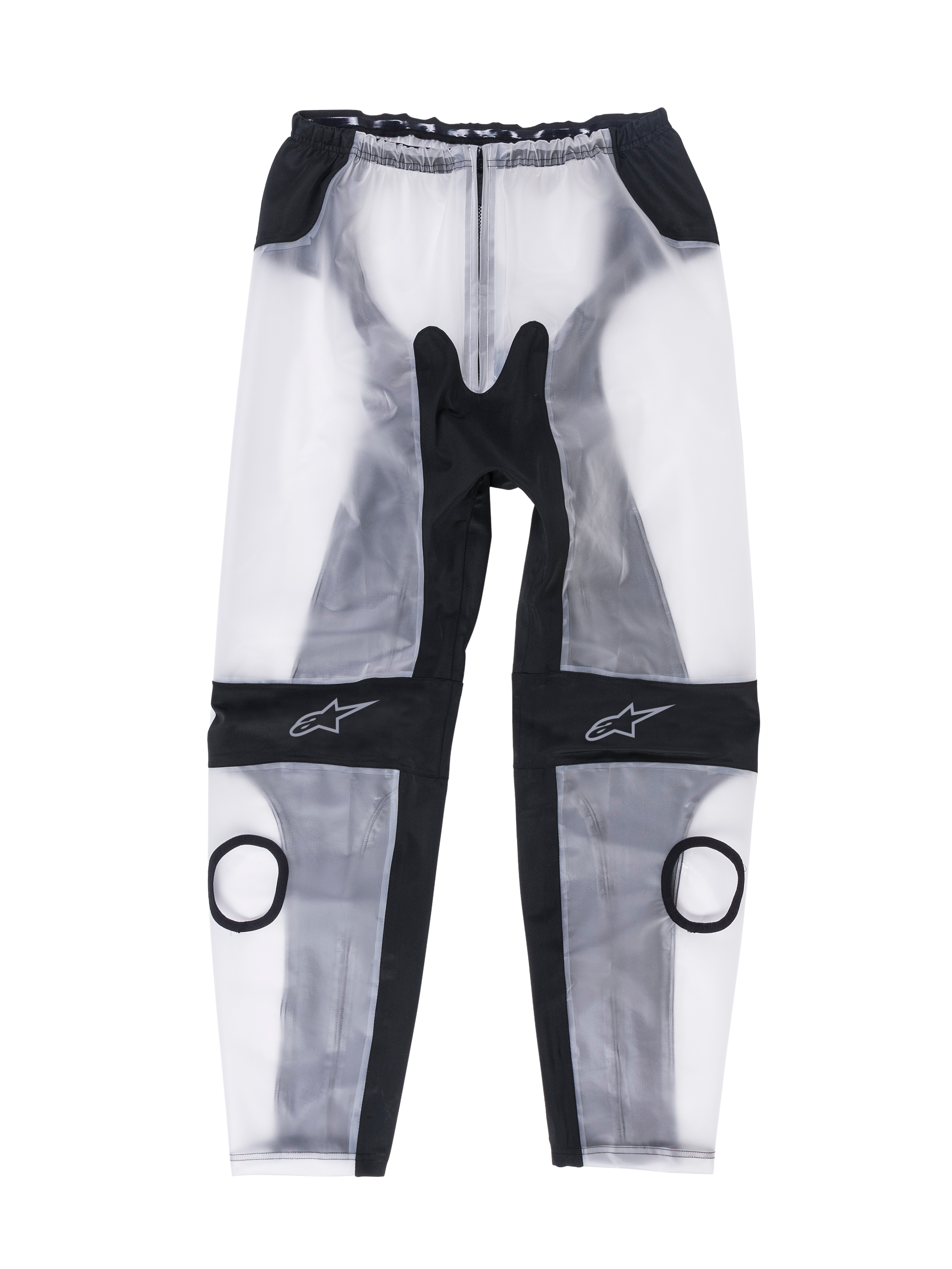 Alpinestars Racing Rain Pants, Motorcycle Rain Overpants, Clear Black and Translucent White, featuring circular knee slider cutouts, black ergonomic stretch panels, and star logos on the knees, waterproof design for track use
