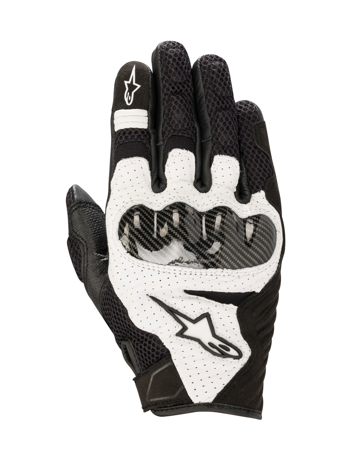 Gants Alpinestars SMX-1 Air V2, gants de moto sport noirs et blancs en cuir et mesh avec protection rigide.