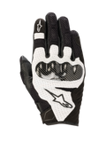 Alpinestars SMX-1 Air V2 Gloves, Motorcycle Sport Riding Gloves, Black and White, featuring mesh panels for breathability, carbon fiber-style hard knuckle protection, perforated leather accents, and Alpinestars branding