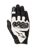 Alpinestars SMX-1 Air V2 Gloves, Motorcycle Sport Riding Gloves, Black and White, featuring mesh panels for breathability, carbon fiber-style hard knuckle protection, perforated leather accents, and Alpinestars branding
