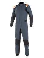 Alpinestars Hypertech Suit, Auto Racing Suit, Asphalt Gray and Black with Orange Fluo accents, featuring black stretch panels, orange shoulder epaulettes with branding, and white star logo on the leg, professional two-layer fire-resistant construction for motorsport performance
