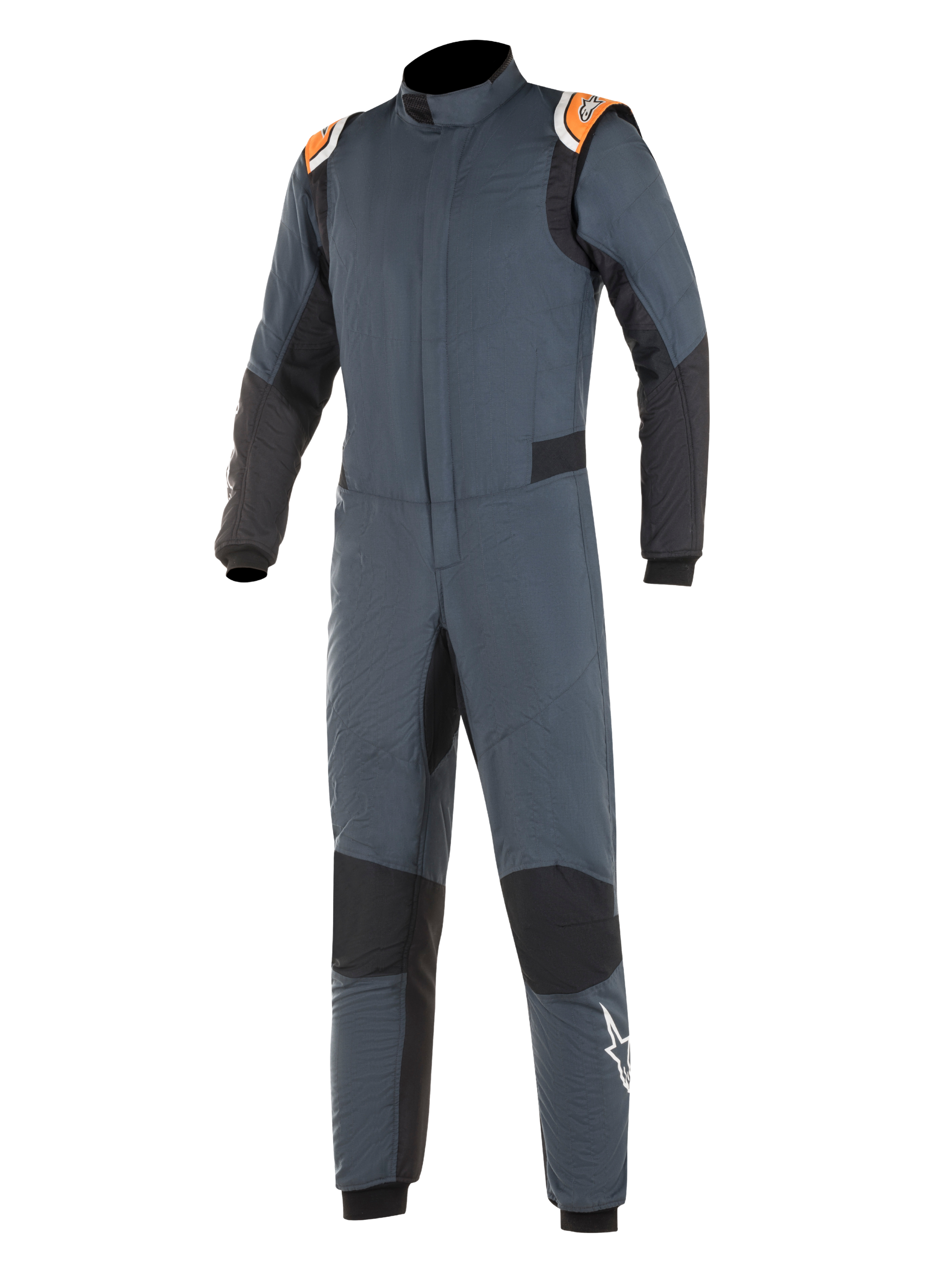 Combinaison Alpinestars Hypertech, combinaison de course automobile, gris asphalte et noir avec accents orange fluo, dotée de panneaux extensibles noirs, d'épaulettes orange et d'un logo étoile blanche sur la jambe, construction ignifugée à deux couches pour la performance en sport automobile