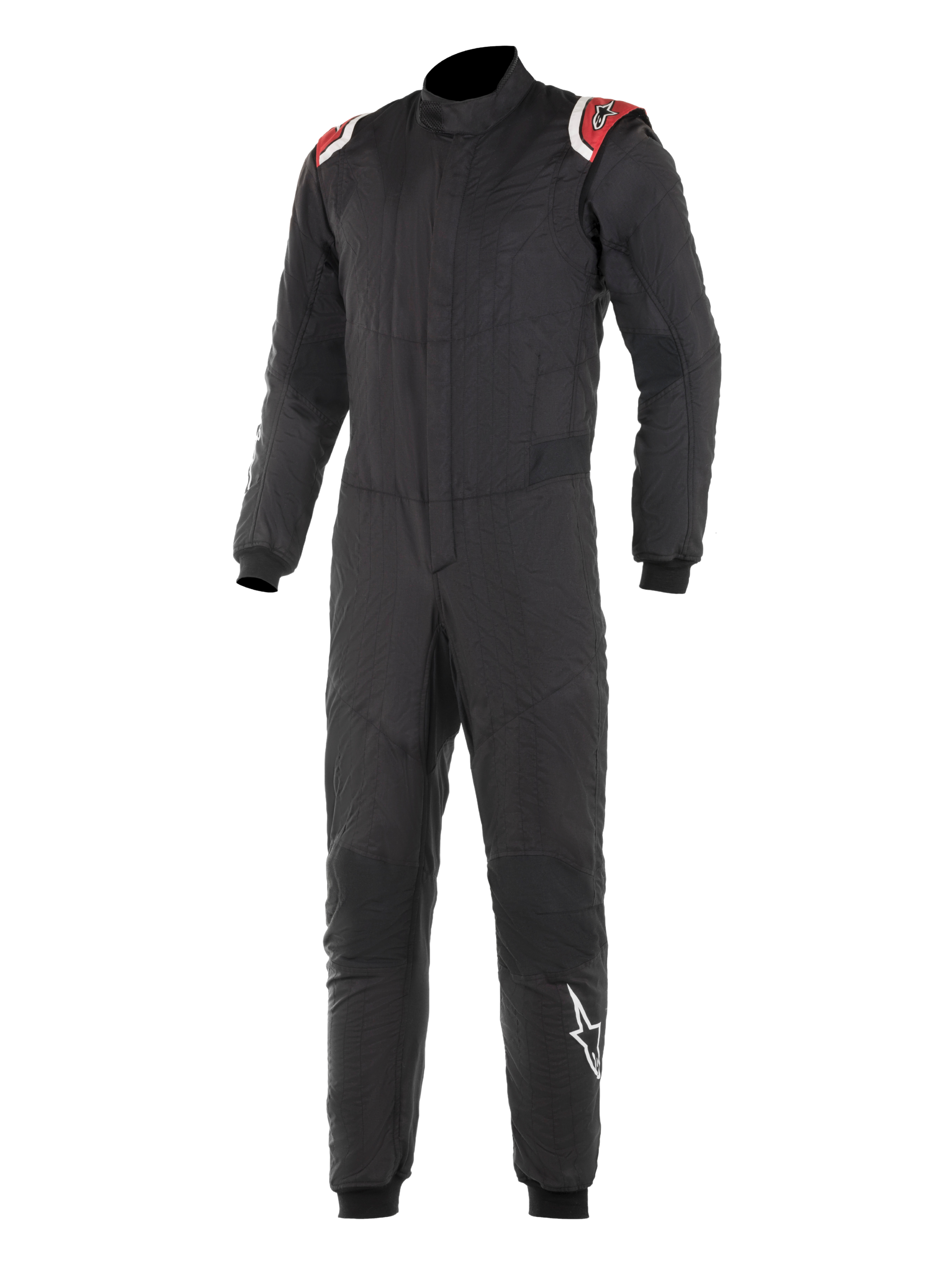 Alpinestars Hypertech Suit, Professional Auto Racing Suit, Black with Red and White shoulder accents, quilted two-layer construction, high collar, fitted design with ribbed wrist and ankle cuffs, FIA-certified motorsport protection