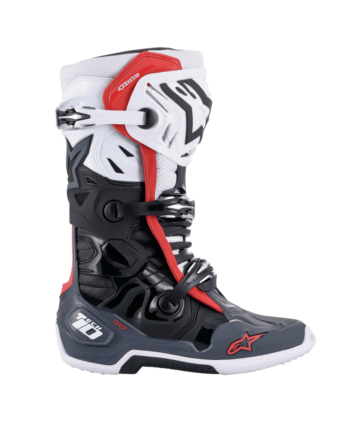 Bottes Alpinestars Tech 10 Supervented, bottes de course de motocross, noir, blanc, gris moyen et rouge, dotées d'un système de fermeture à trois boucles, d'une coque en TPU ventilée et d'une semelle robuste avec marquage Alpinestars pour performances tout-terrain