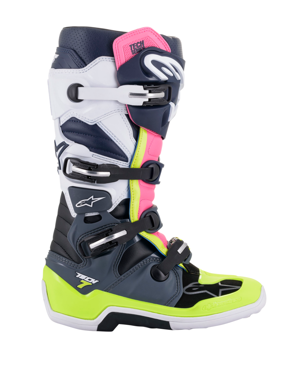 Bottes Alpinestars Tech 7, bottes de motocross, gris foncé, bleu marine et rose fluo, système de fermeture à quatre boucles avec des accents jaune fluo et blanc, construction protectrice avec semelle renforcée, équipement de course tout-terrain professionnel