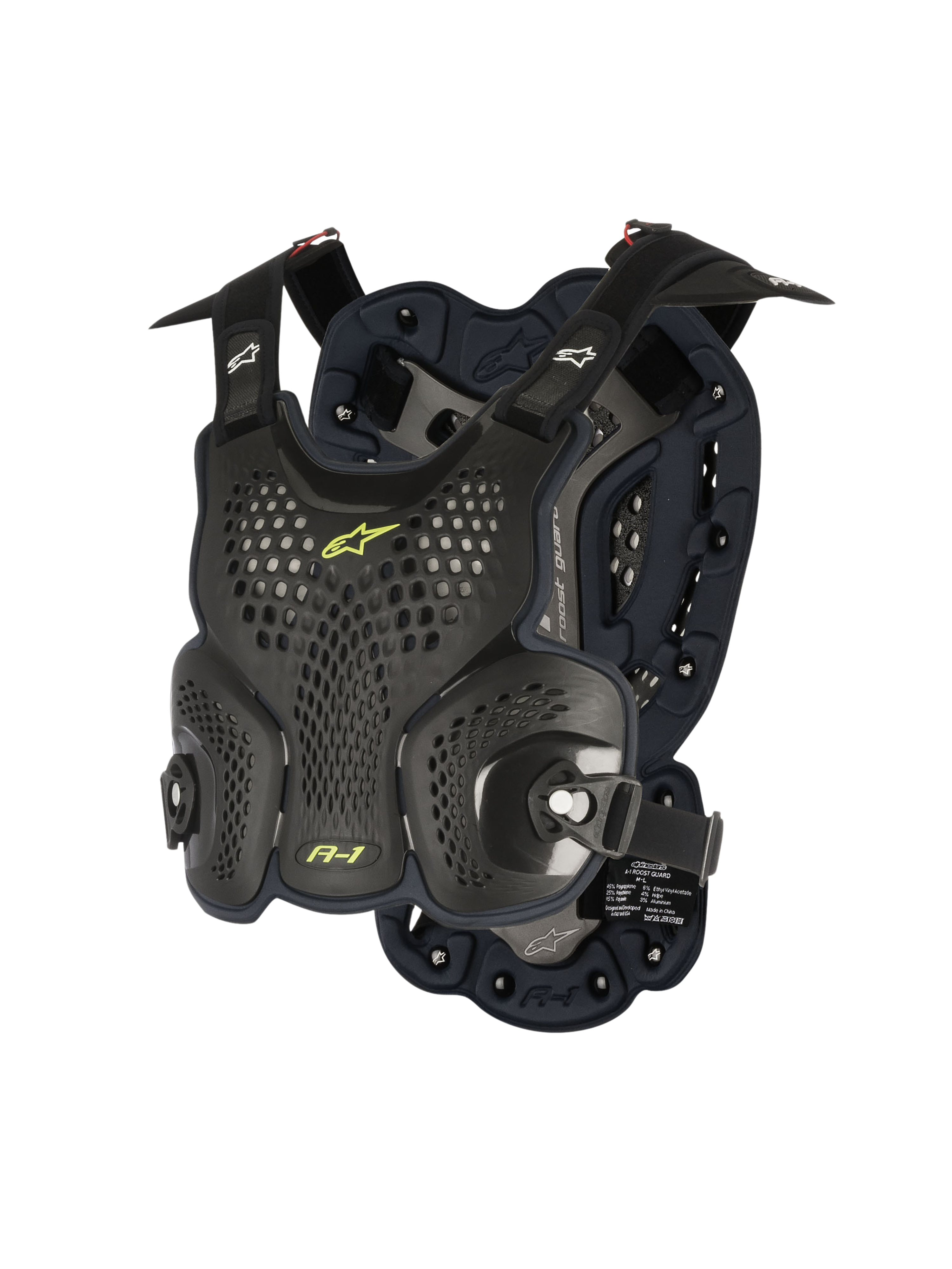 Alpinestars A-1 Roost Guard, pare-pierres de motocross, noir anthracite avec accents jaune fluo, coques rigides alvéolées et perforées, rembourrage en mousse bio, sangles réglables, protection tout-terrain légère
