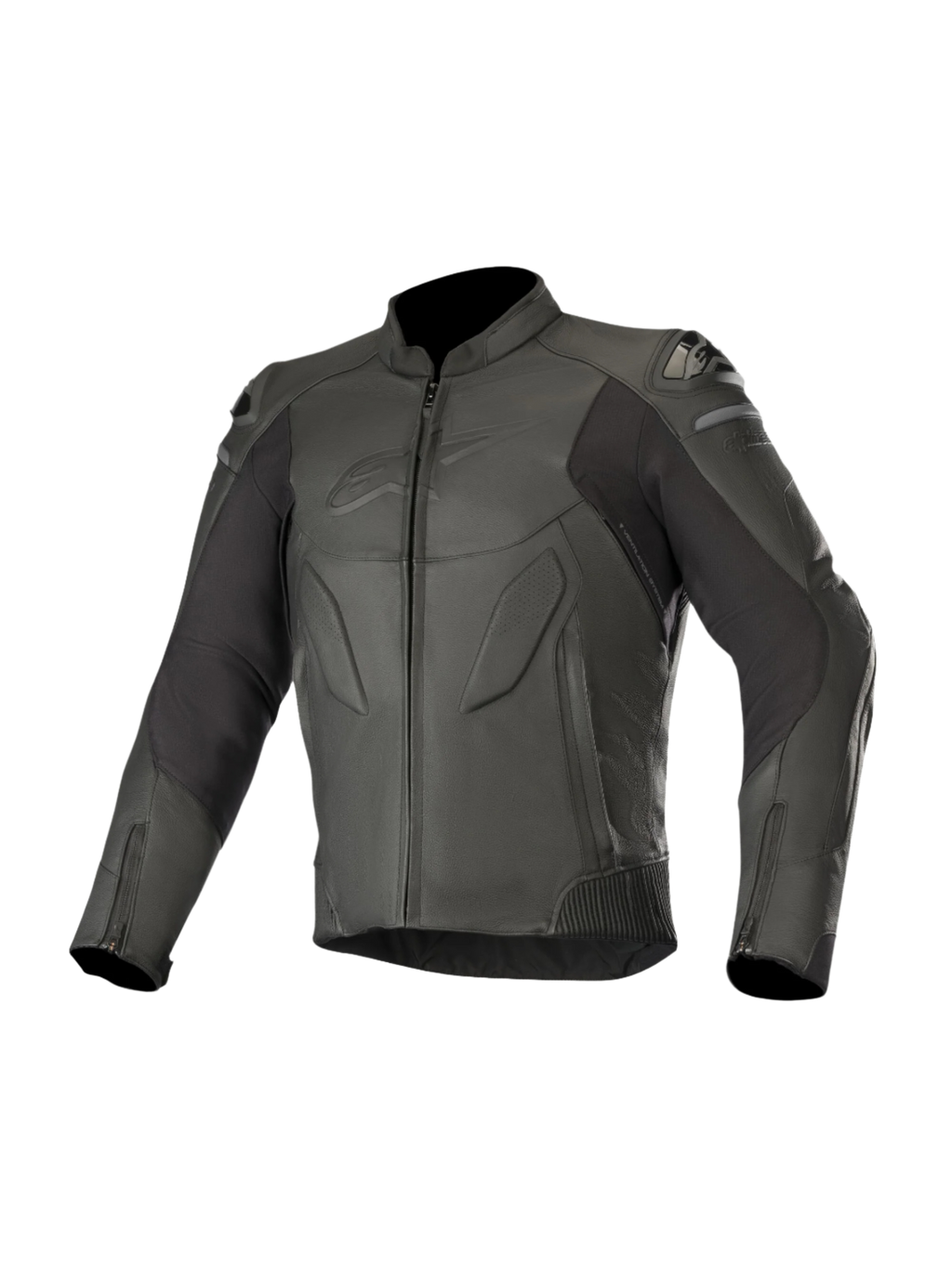 Veste en cuir Alpinestars Caliber, noire, équipement de route pour moto, avec construction en cuir premium et panneaux perforés, sliders d'épaule DFS externes, fermetures éclair à l'avant et aux poignets, et logo discret embossé sur la poitrine