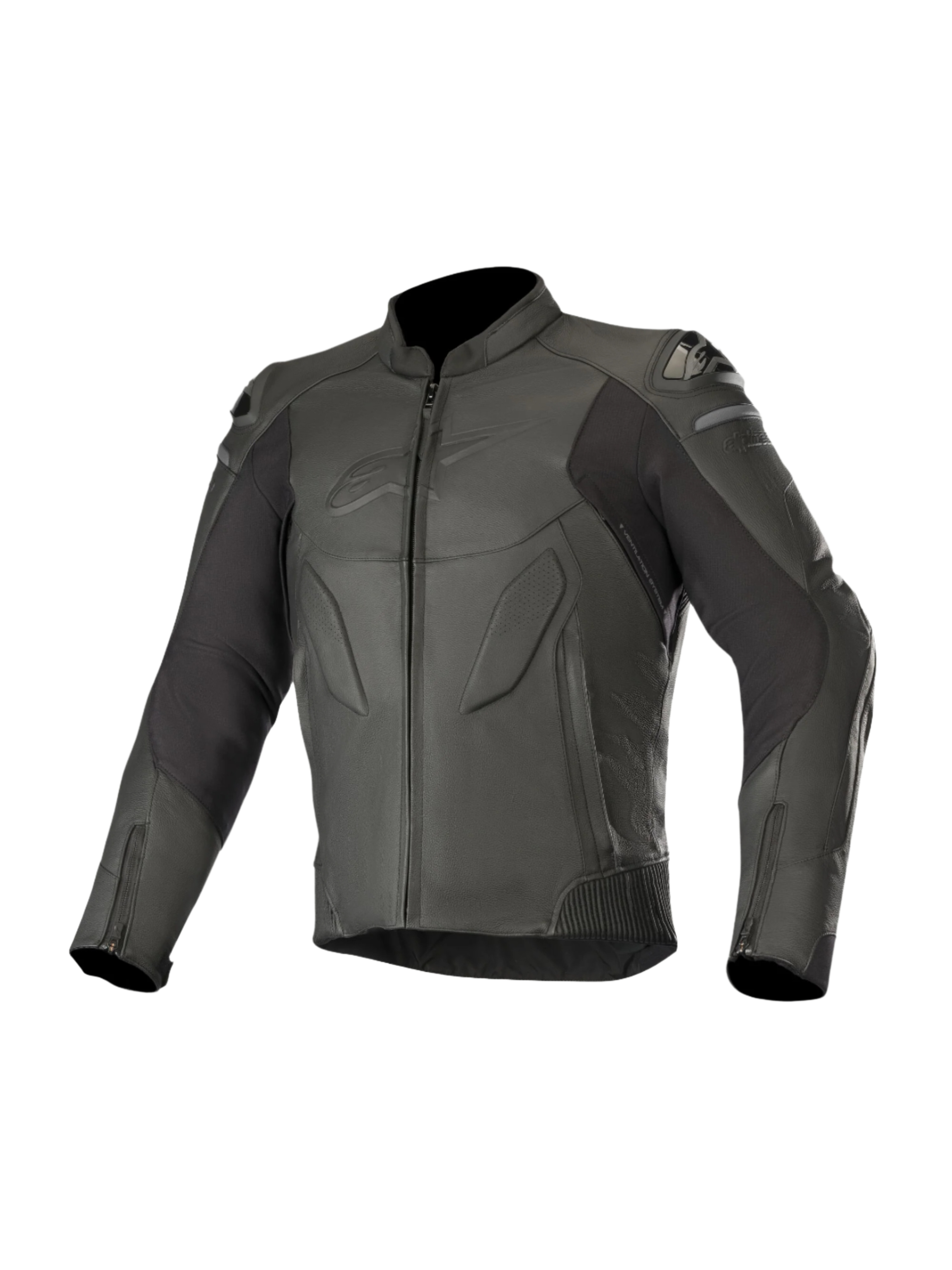 Veste en cuir Alpinestars Caliber, noire, équipement de route pour moto, avec construction en cuir premium et panneaux perforés, sliders d'épaule DFS externes, fermetures éclair à l'avant et aux poignets, et logo discret embossé sur la poitrine