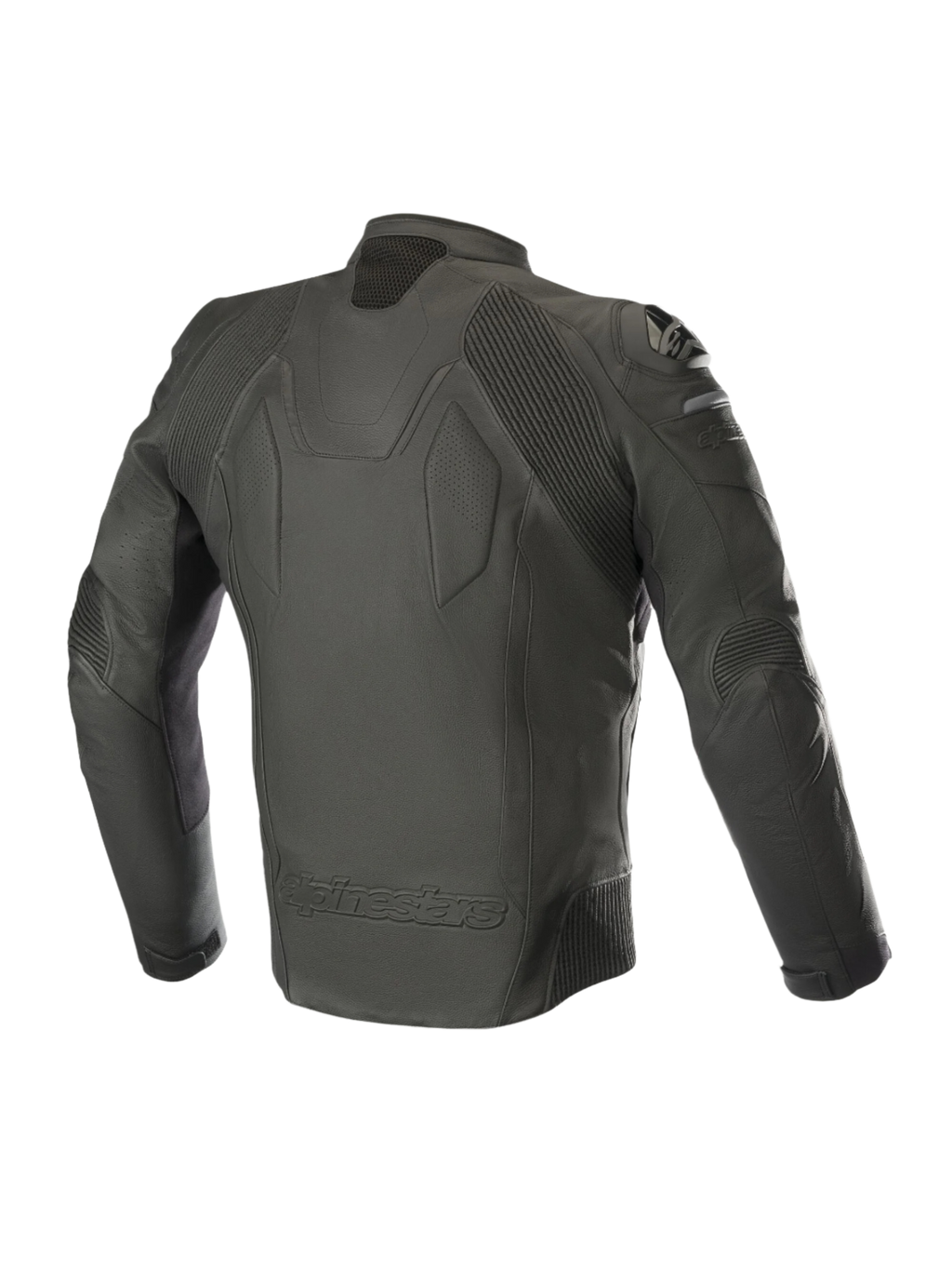 Veste en cuir Alpinestars Caliber, noir, vue arrière montrant la construction en cuir premium, les inserts stretch accordéon aux épaules et aux coudes, les sliders d'épaules DFS externes et le logo Alpinestars en relief en bas du dos
