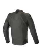Veste en cuir Alpinestars Caliber, noir, vue arrière montrant la construction en cuir premium, les inserts stretch accordéon aux épaules et aux coudes, les sliders d'épaules DFS externes et le logo Alpinestars en relief en bas du dos