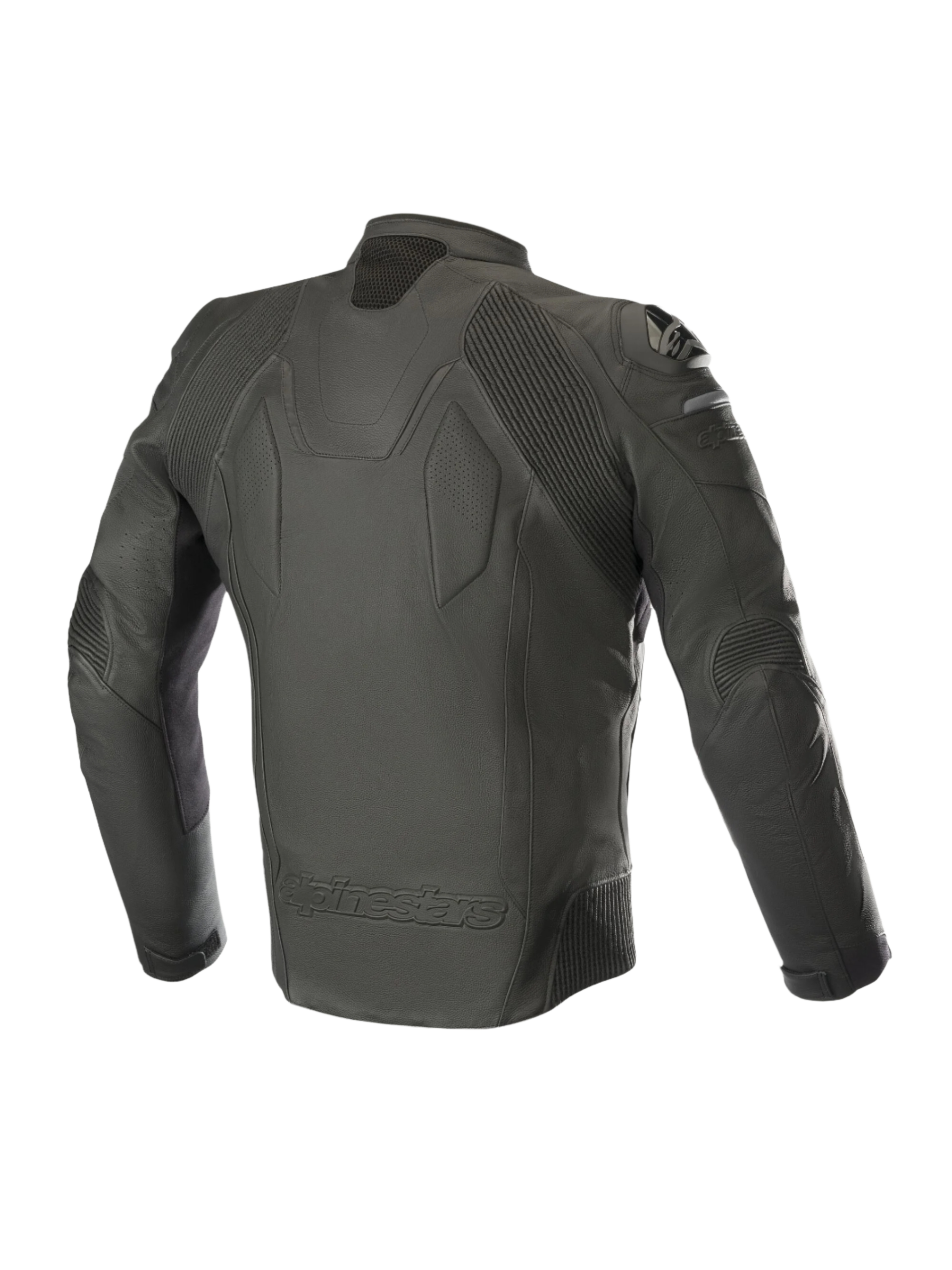 Veste en cuir Alpinestars Caliber, noir, vue arrière montrant la construction en cuir premium, les inserts stretch accordéon aux épaules et aux coudes, les sliders d'épaules DFS externes et le logo Alpinestars en relief en bas du dos