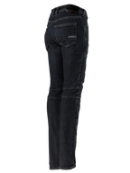 Alpinestars Stella Callie Denim, Women's Motorcycle Pants, Black Waxed, rear and side profile featuring accordion stretch panels on the waist and knees, slim fit with back pockets and logo patch