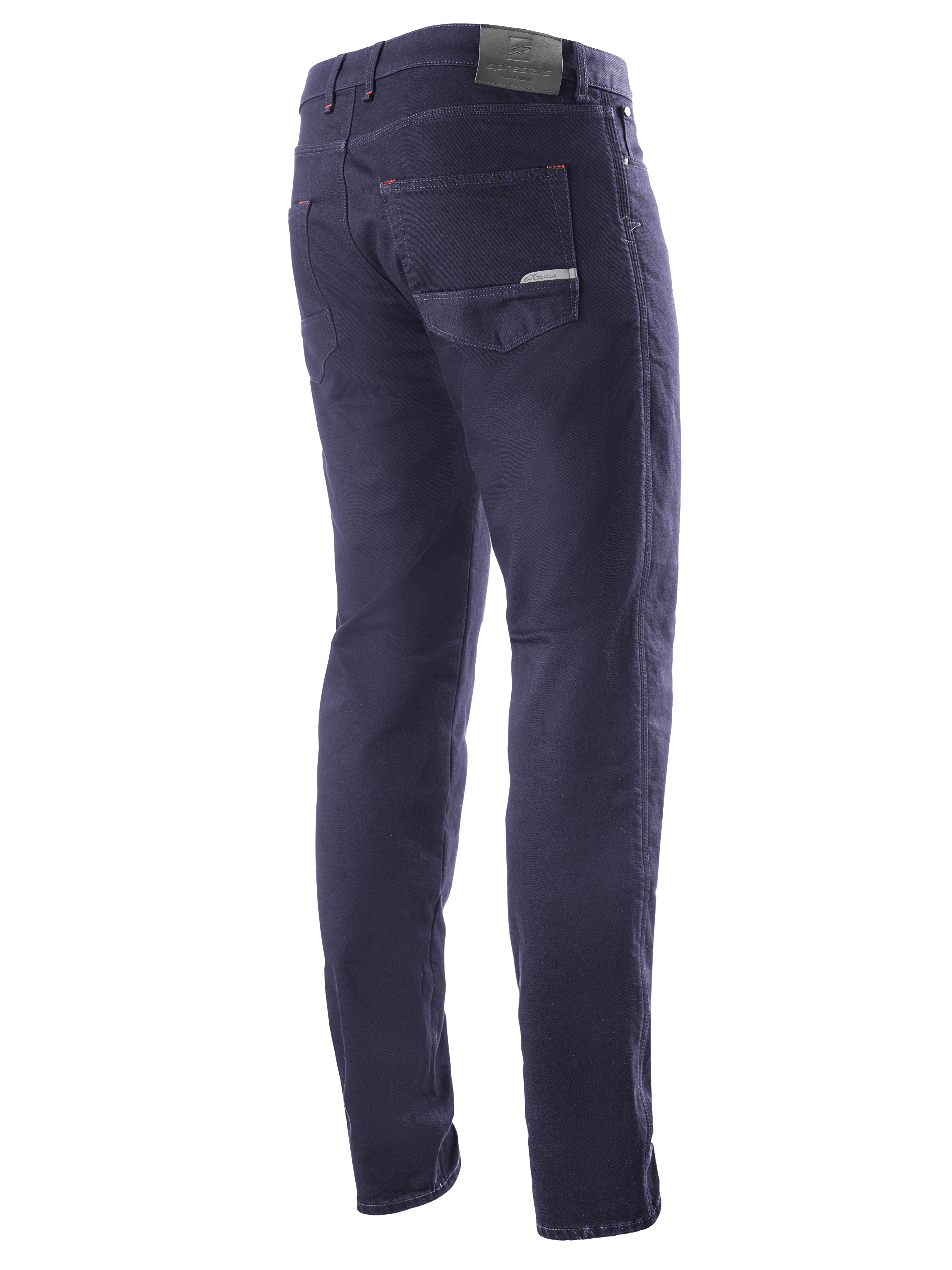Pantalon Alpinestars Copper V2 Denim Longueur Courte, Rinse Blue, vue arrière de trois-quarts montrant les poches arrière et l'écusson en cuir à la taille, jean de moto urbain au style denim classique