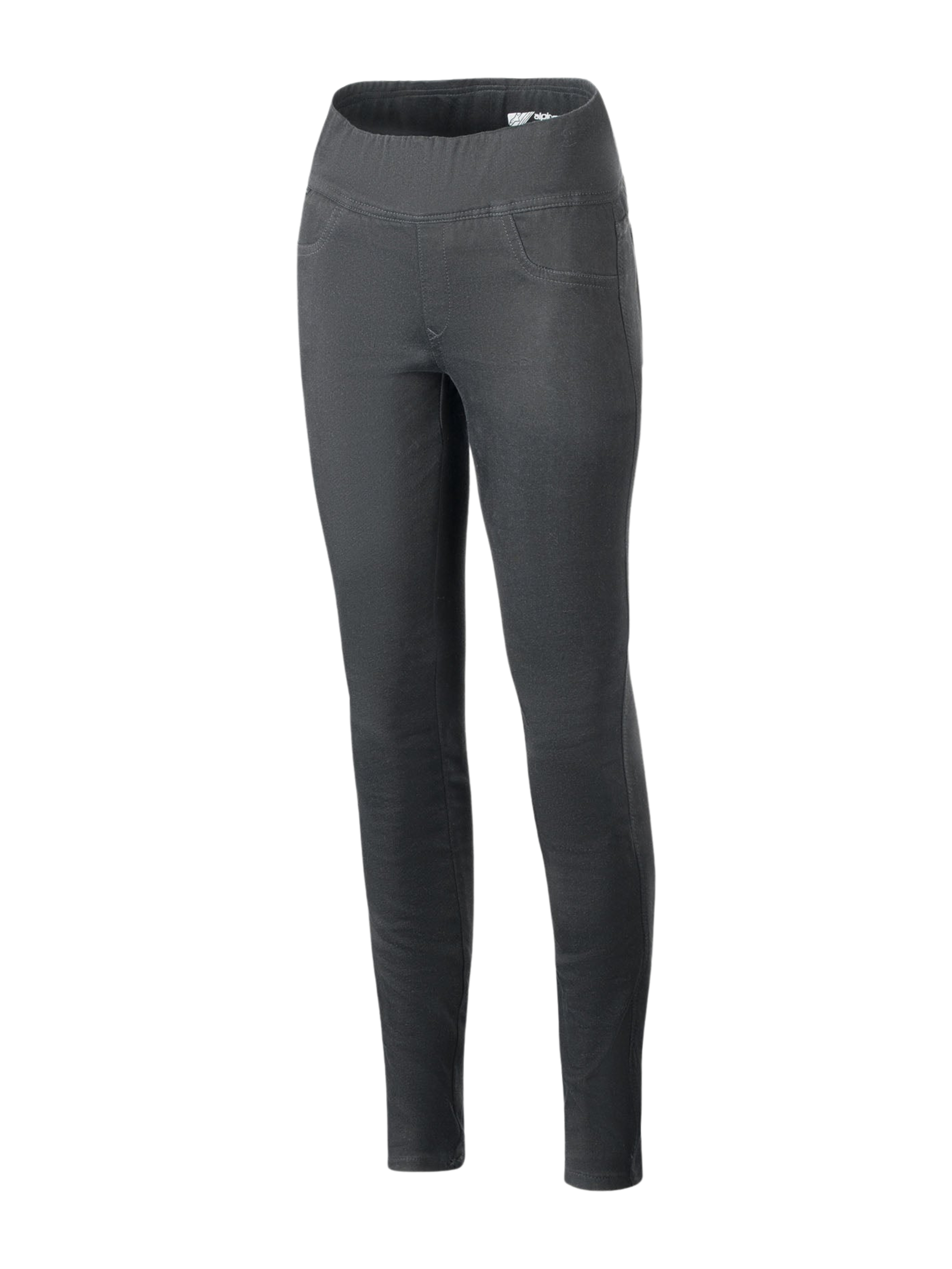 Alpinestars Shuri Women Leggings Summer, noir, leggings de moto à coupe ajustée et taille haute avec une large ceinture élastique, matière en denim de coton extensible, avec surpiqûres de fausses poches avant, pantalon de moto au style urbain pour femme