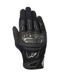 Alpinestars SMX-2 Air Carbon V2 Gloves, Black motorcycle gloves, top view showing carbon fiber knuckle guards, breathable 3D mesh and leather panels, white Alpinestars logo, and short-cuff design