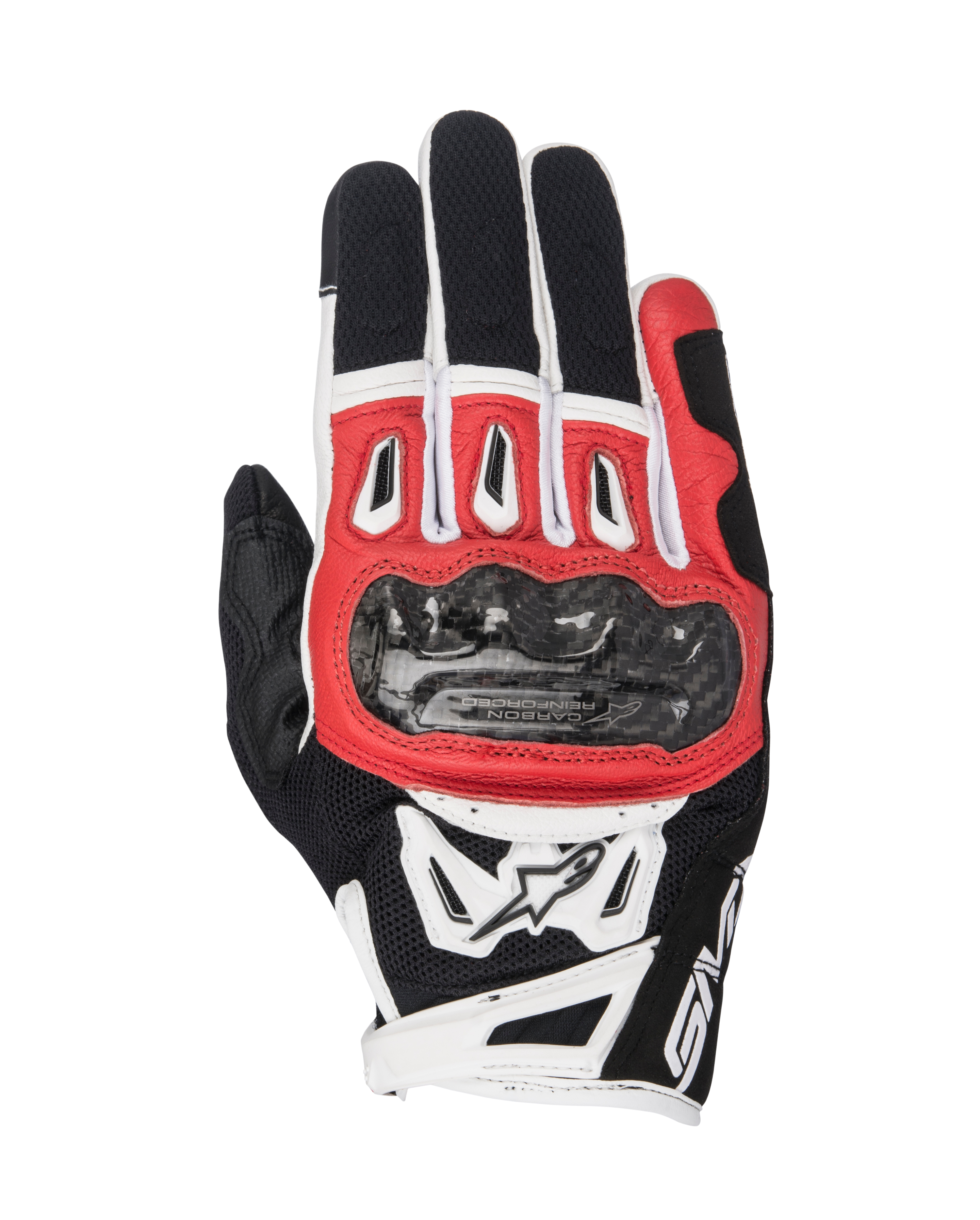 Alpinestars SMX-2 Air Carbon V2, gants de moto, noir, rouge et blanc, avec protection des articulations en fibre de carbone, panneaux en maille 3D respirante, logo Alpinestars, design à manchette courte pour la conduite sportive