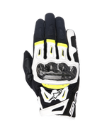 Alpinestars SMX-2 Air Carbon V2 Gloves, Motorcycle Gloves, Black White and Yellow Fluo, featuring carbon fiber knuckle guards, 3D mesh and leather construction, sporty road gear with fluorescent accents