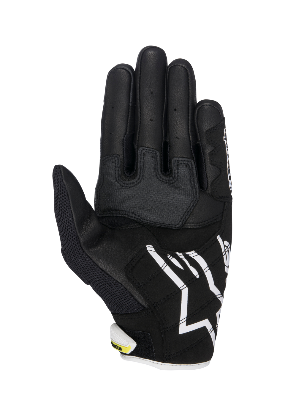 Alpinestars SMX-2 Air Carbon V2 Gloves, Motorcycle Gloves, Black and White with fluorescent yellow accents, palm view showing leather and 3D mesh construction, reinforced grip panels, white Alpinestars logo on the cuff